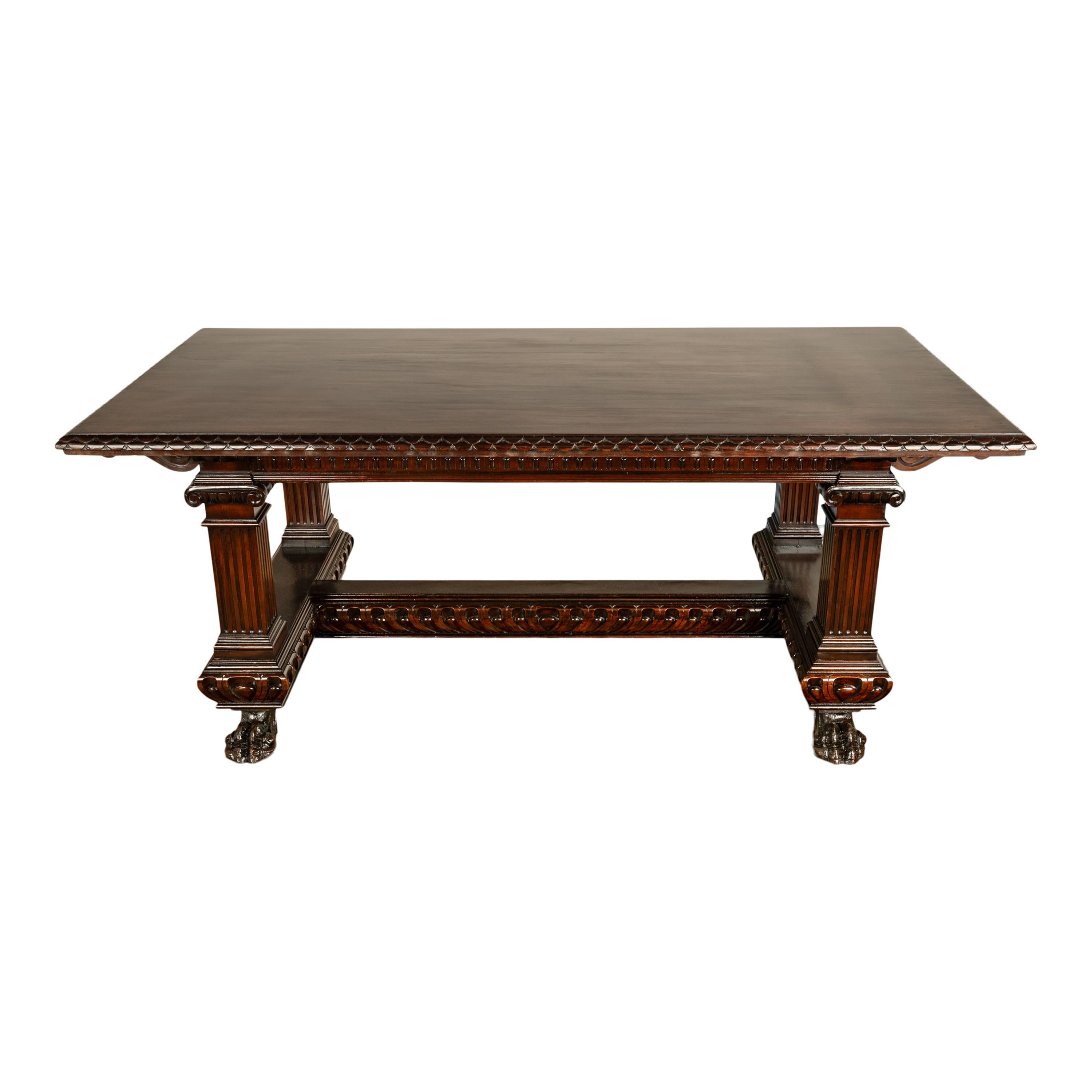 Late 19th Century Antique Italian Carved Renaissance Revival Walnut Library Dining Table 1880 For Sale