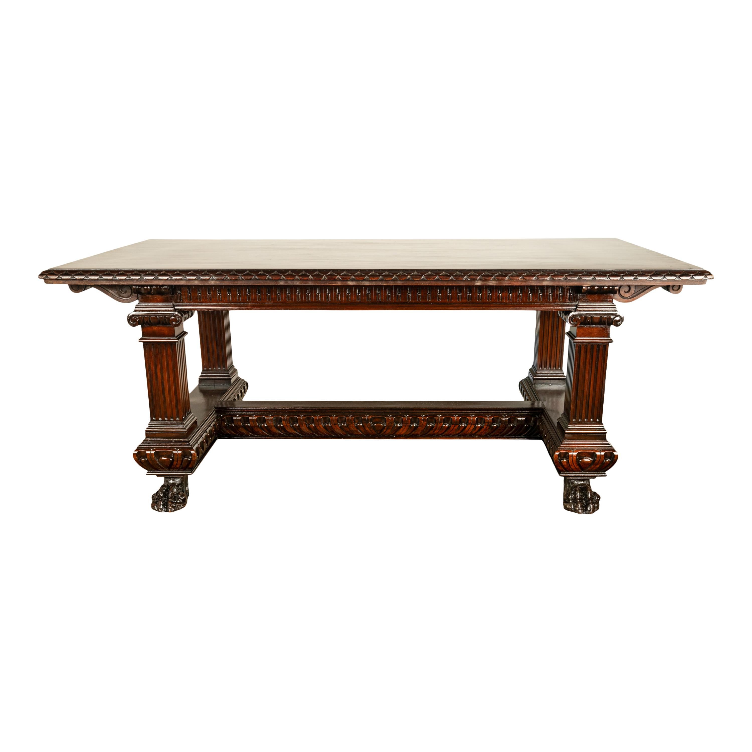 Antique Italian Carved Renaissance Revival Walnut Library Dining Table 1880 For Sale 1