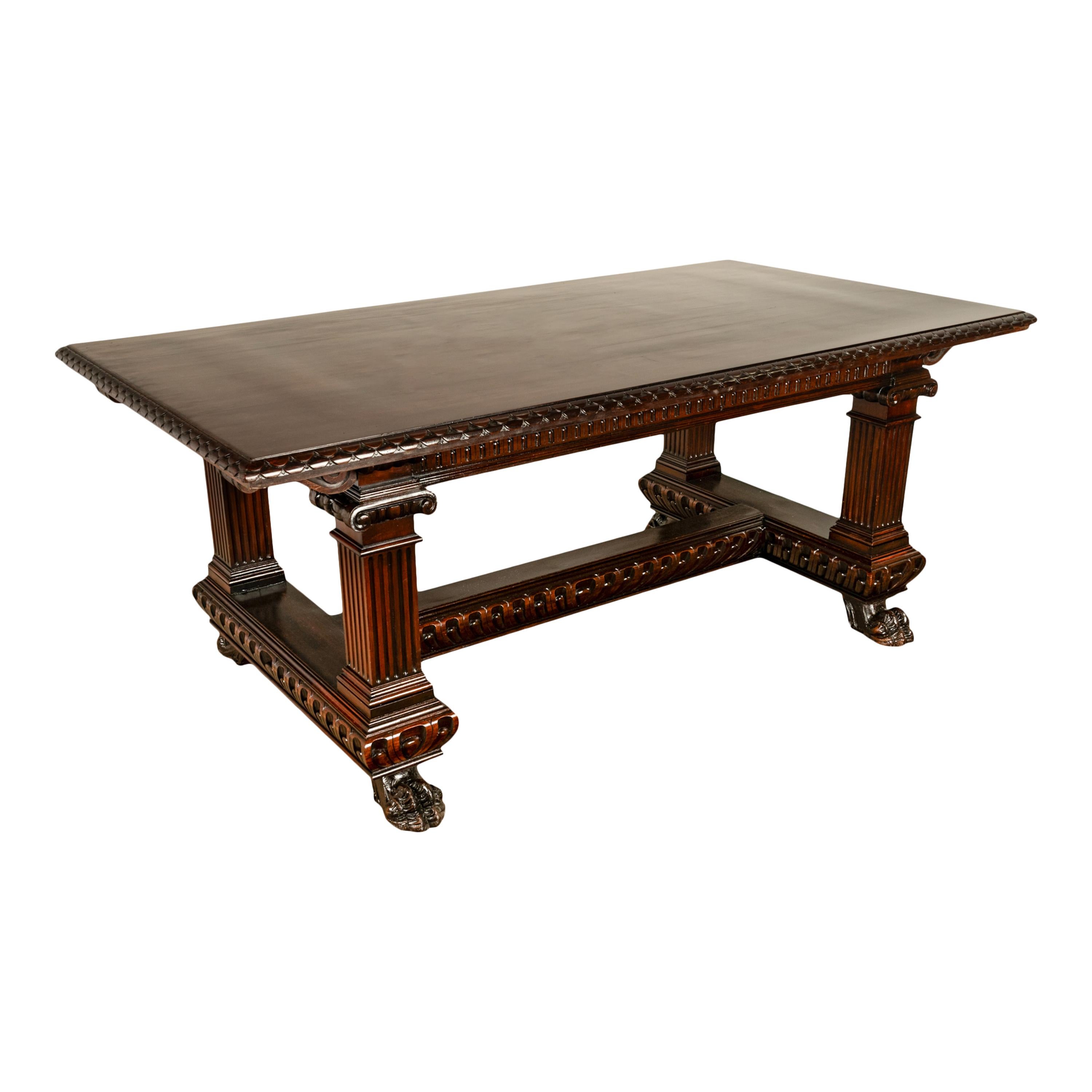 Antique Italian Carved Renaissance Revival Walnut Library Dining Table 1880 For Sale 2