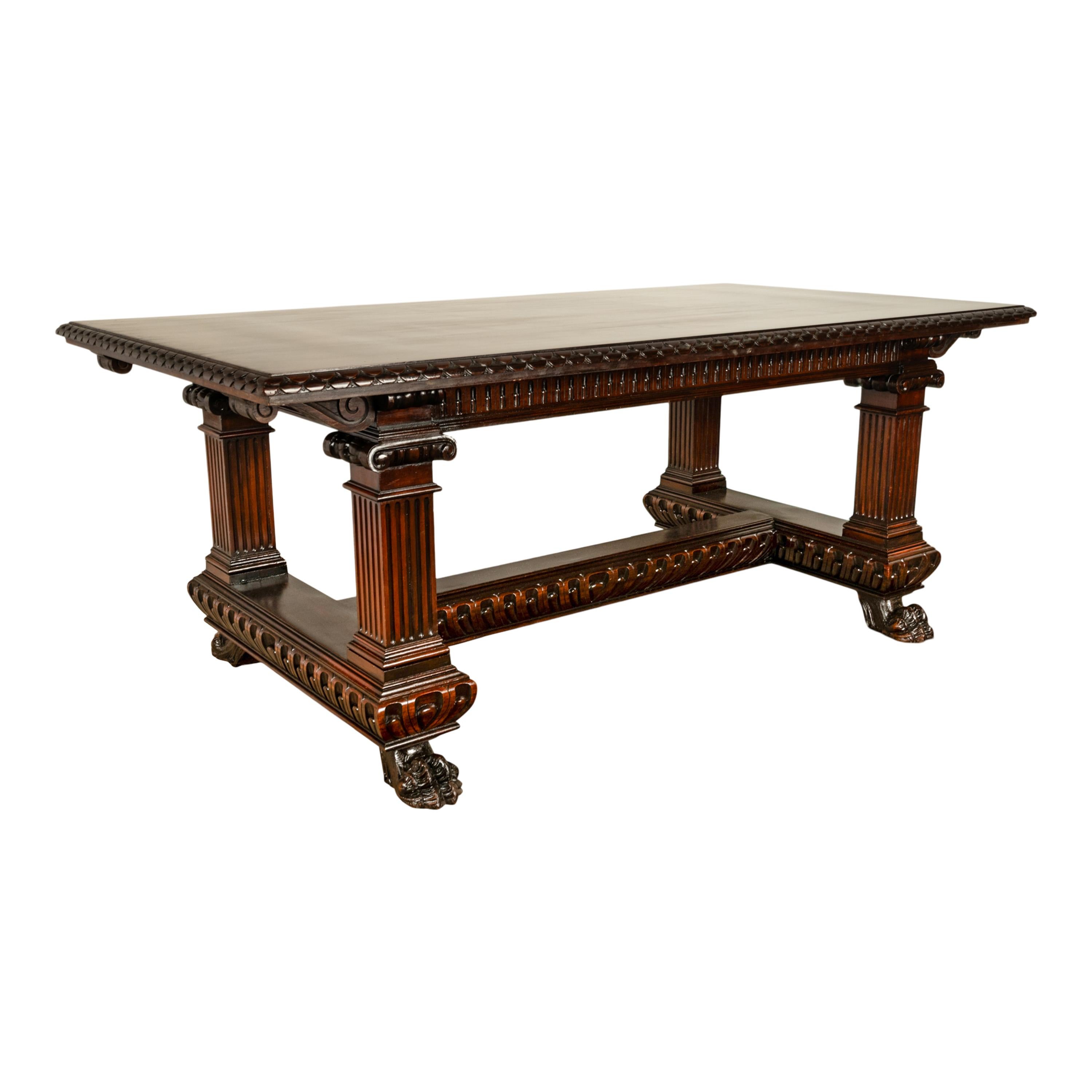 Antique Italian Carved Renaissance Revival Walnut Library Dining Table 1880 For Sale 3