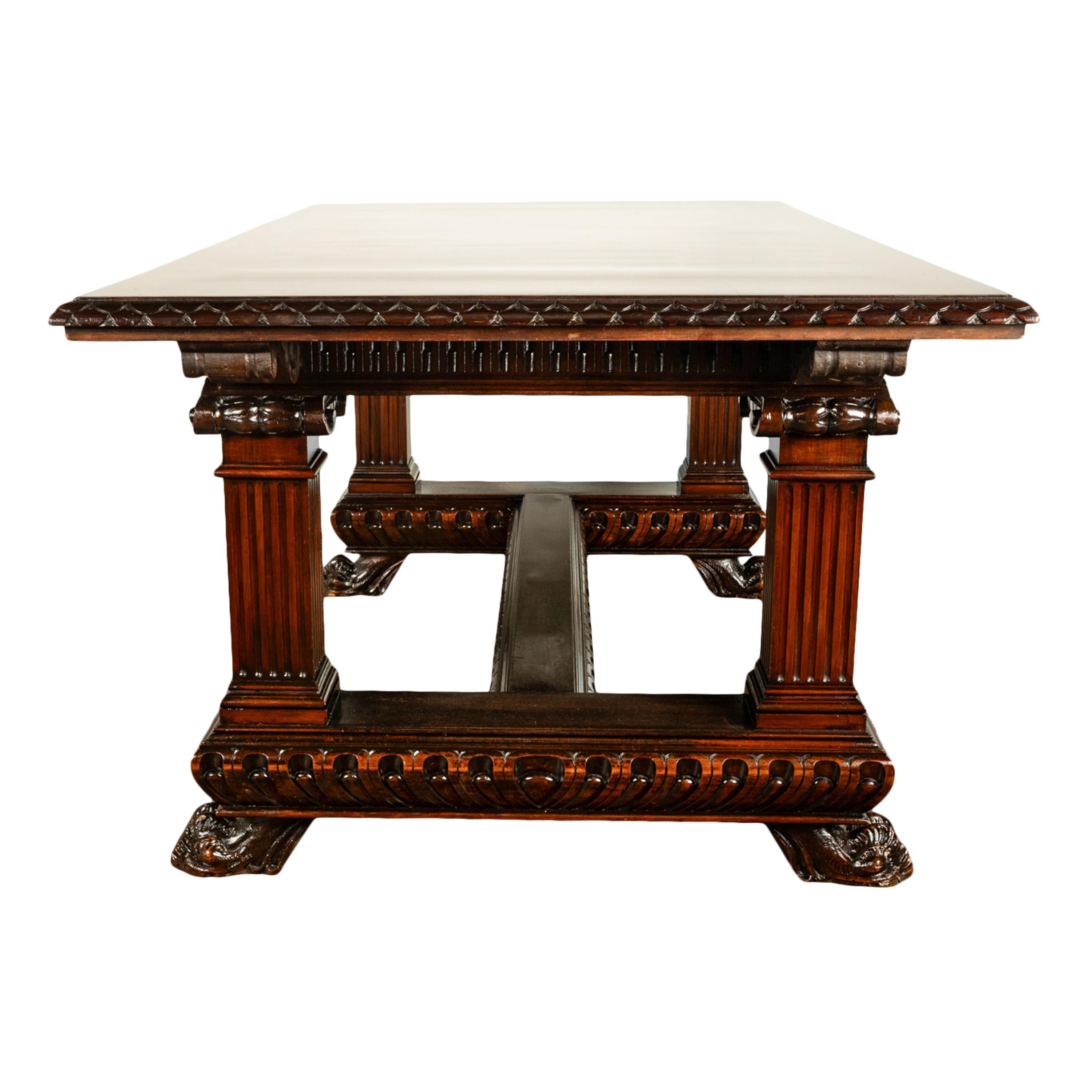 Antique Italian Carved Renaissance Revival Walnut Library Dining Table 1880 For Sale 4