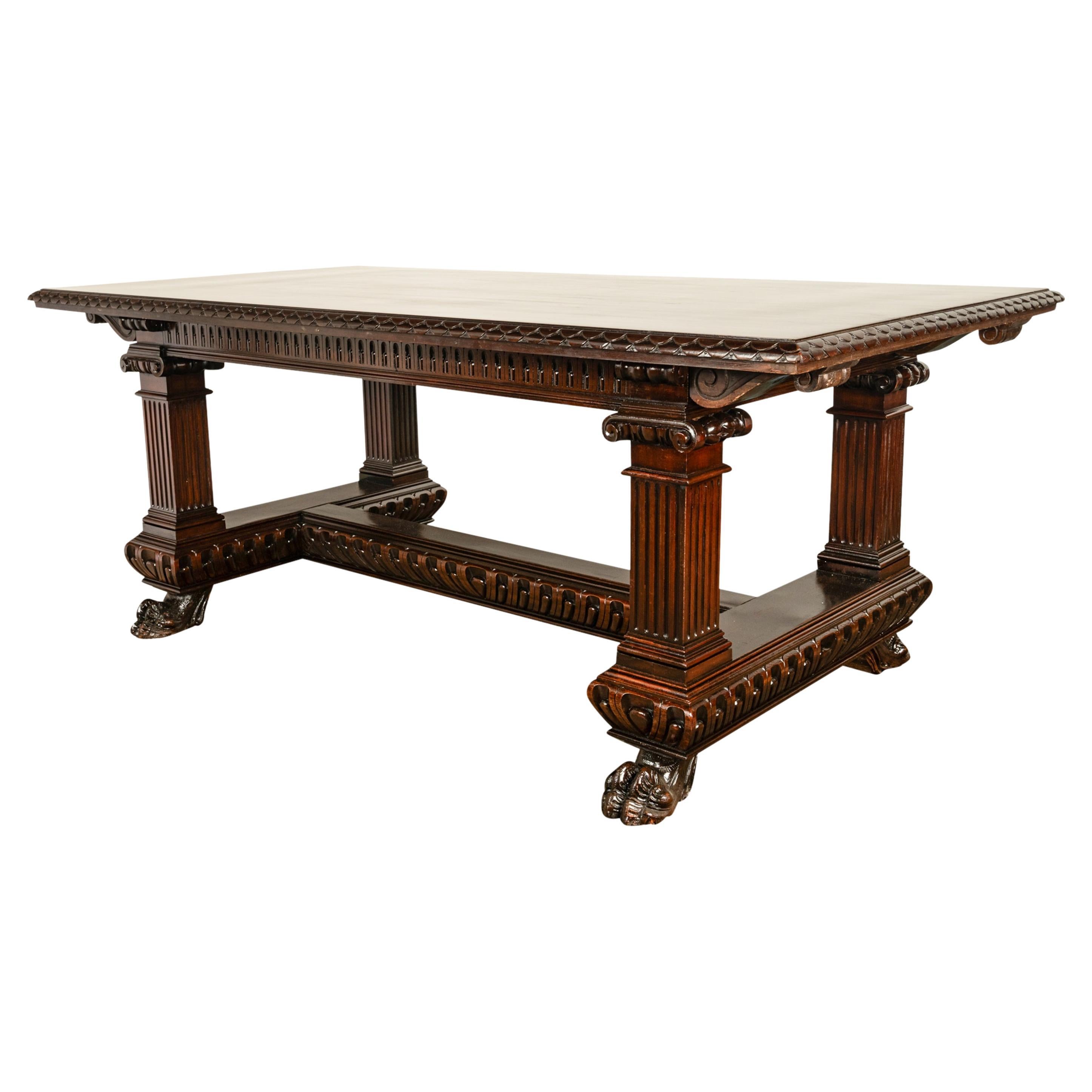Antique Italian Carved Renaissance Revival Walnut Library Dining Table 1880 For Sale