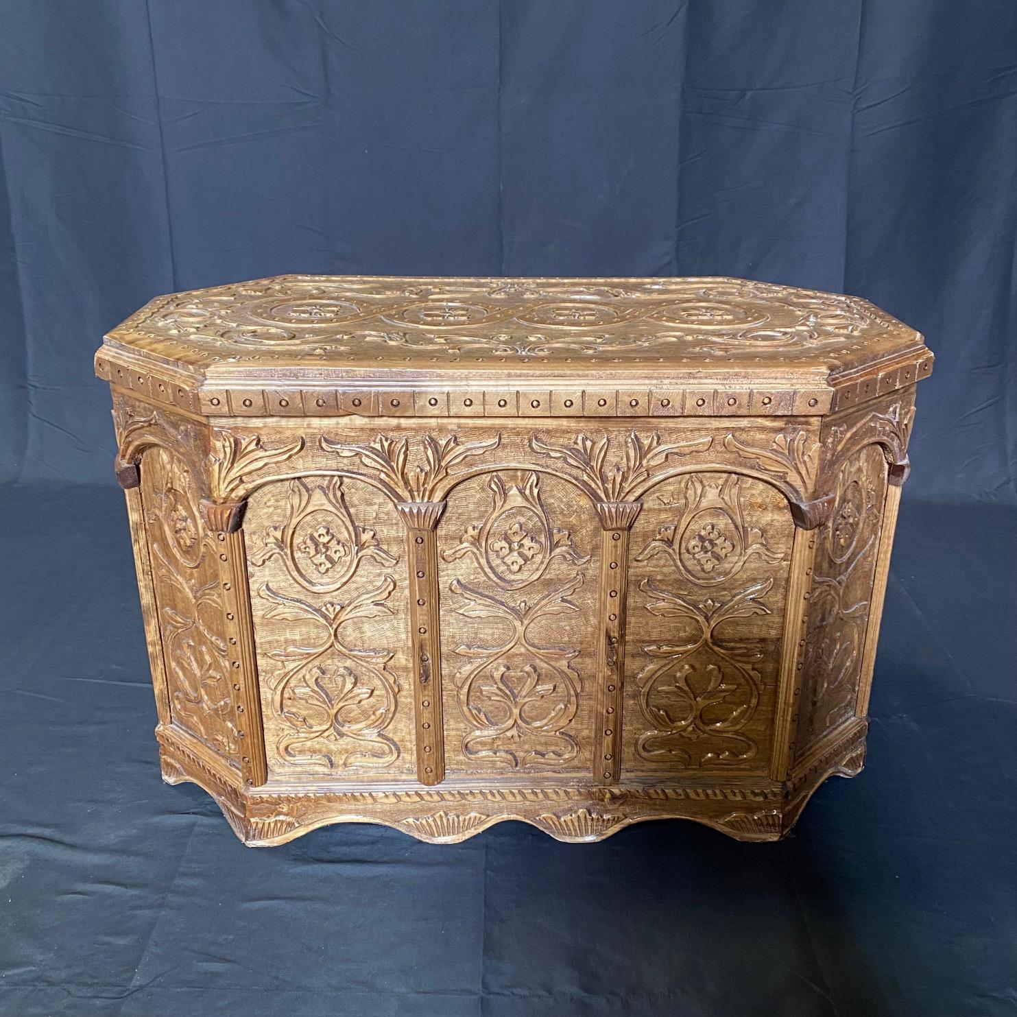 Hand-Carved Antique Italian Carved Sarcophagus Coffer Trunk Blanket Chest For Sale