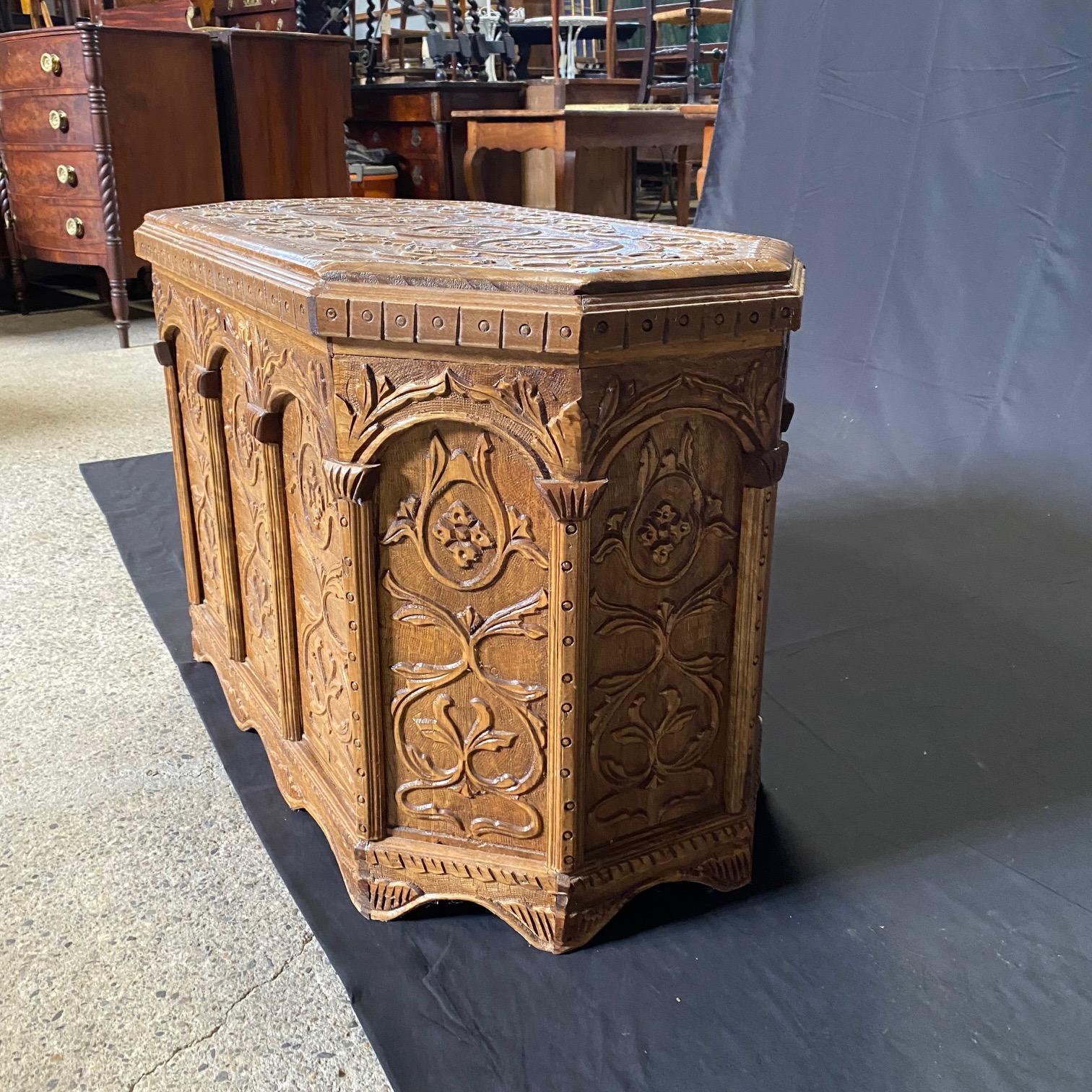 Wood Antique Italian Carved Sarcophagus Coffer Trunk Blanket Chest For Sale