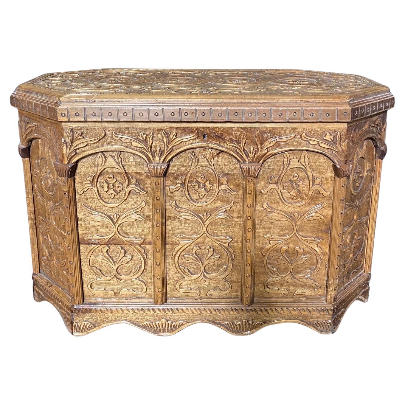 Antique Italian Carved Sarcophagus Coffer Trunk Blanket Chest For Sale