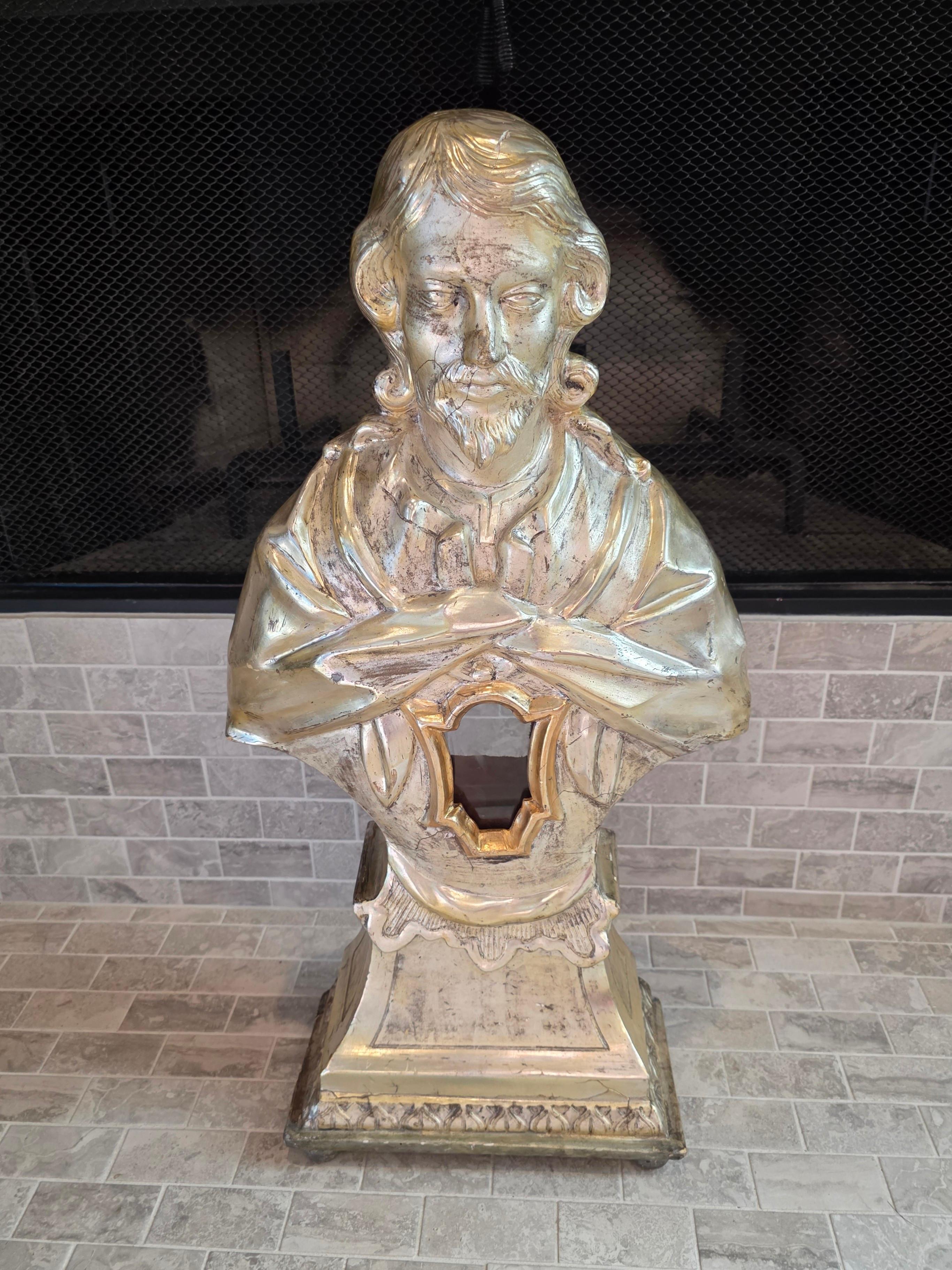 Antique Italian Carved Silvered Gilt Wood Altar Reliquary Bust Sculpture 18th C. en vente 3