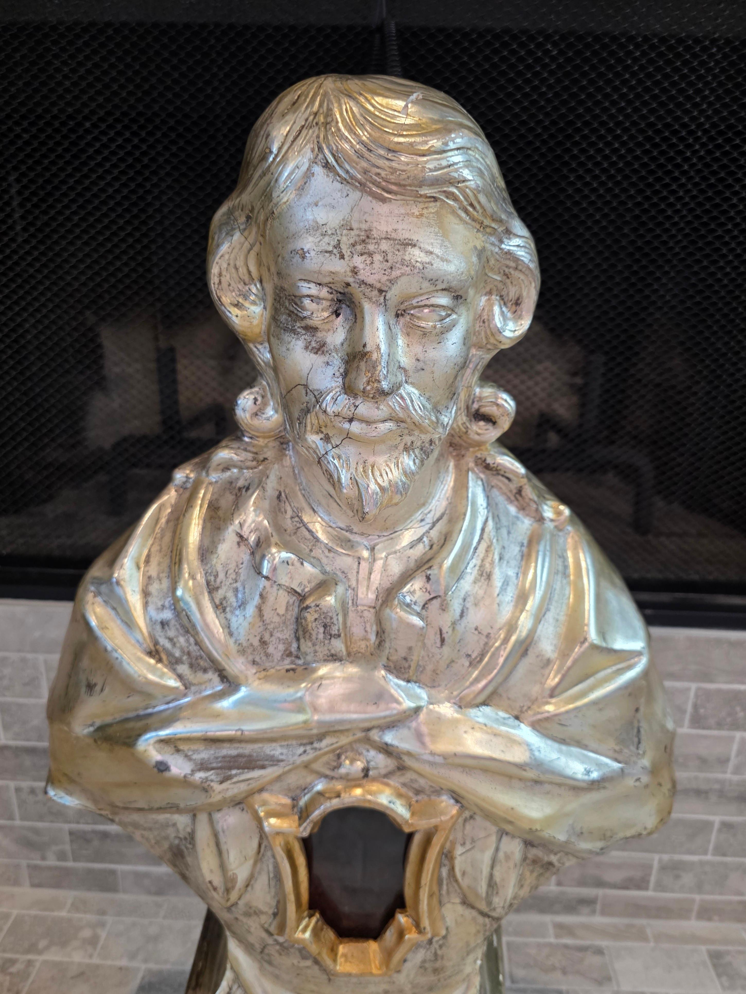 Antique Italian Carved Silvered Gilt Wood Altar Reliquary Bust Sculpture 18th C. en vente 4