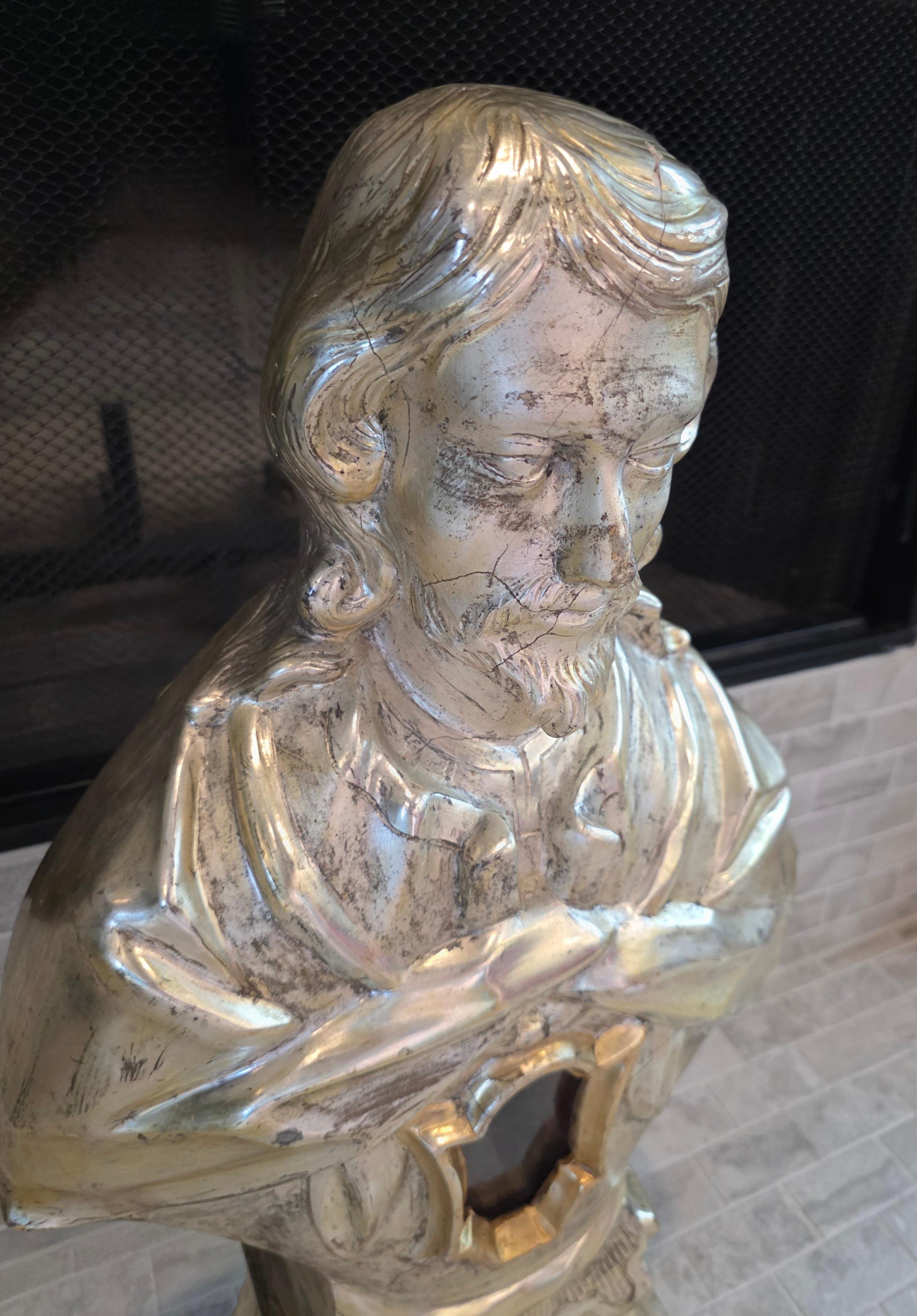 Antique Italian Carved Silvered Gilt Wood Altar Reliquary Bust Sculpture 18th C. en vente 6