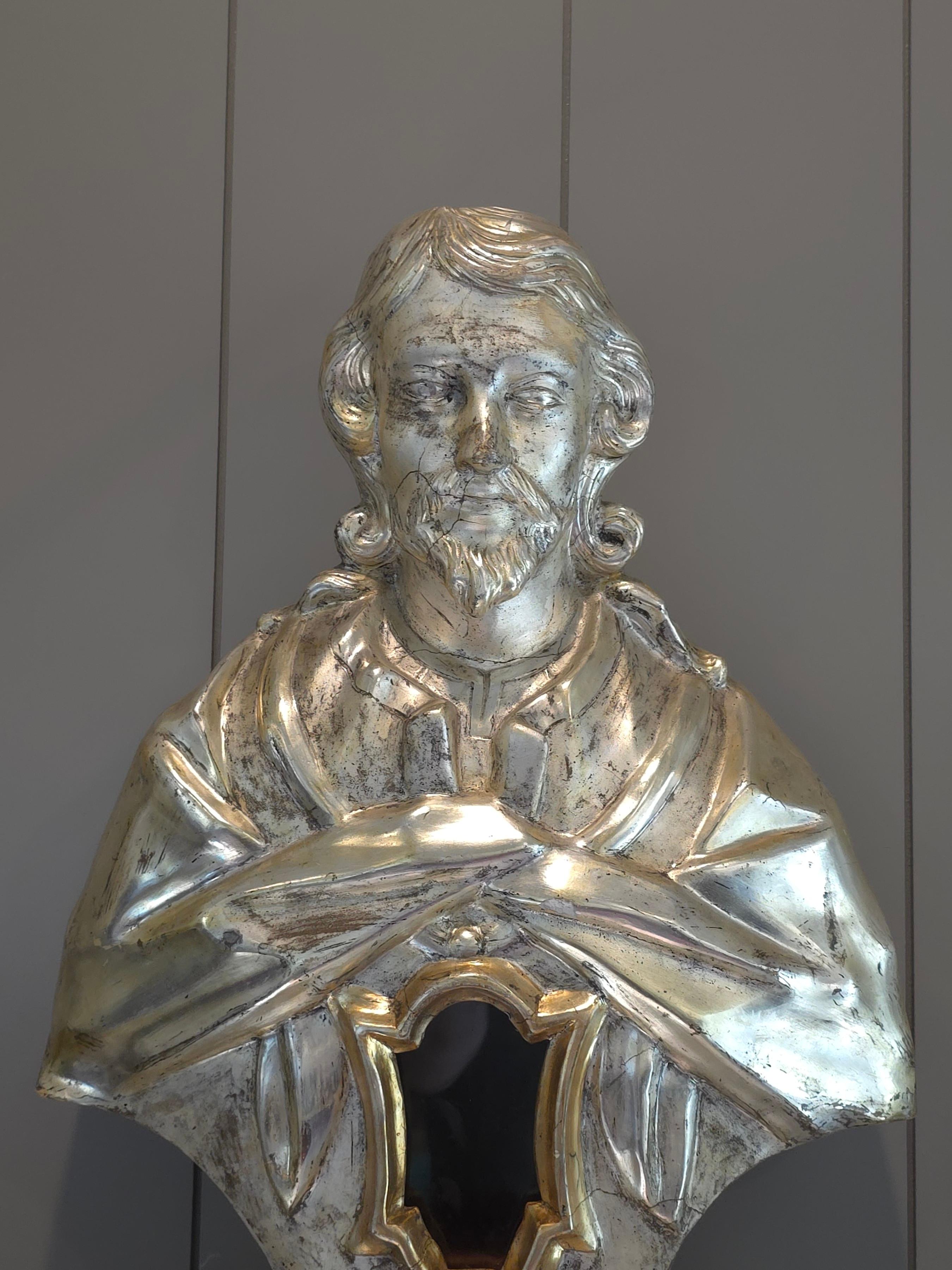 Antique Italian Carved Silvered Gilt Wood Altar Reliquary Bust Sculpture 18th C. en vente 11