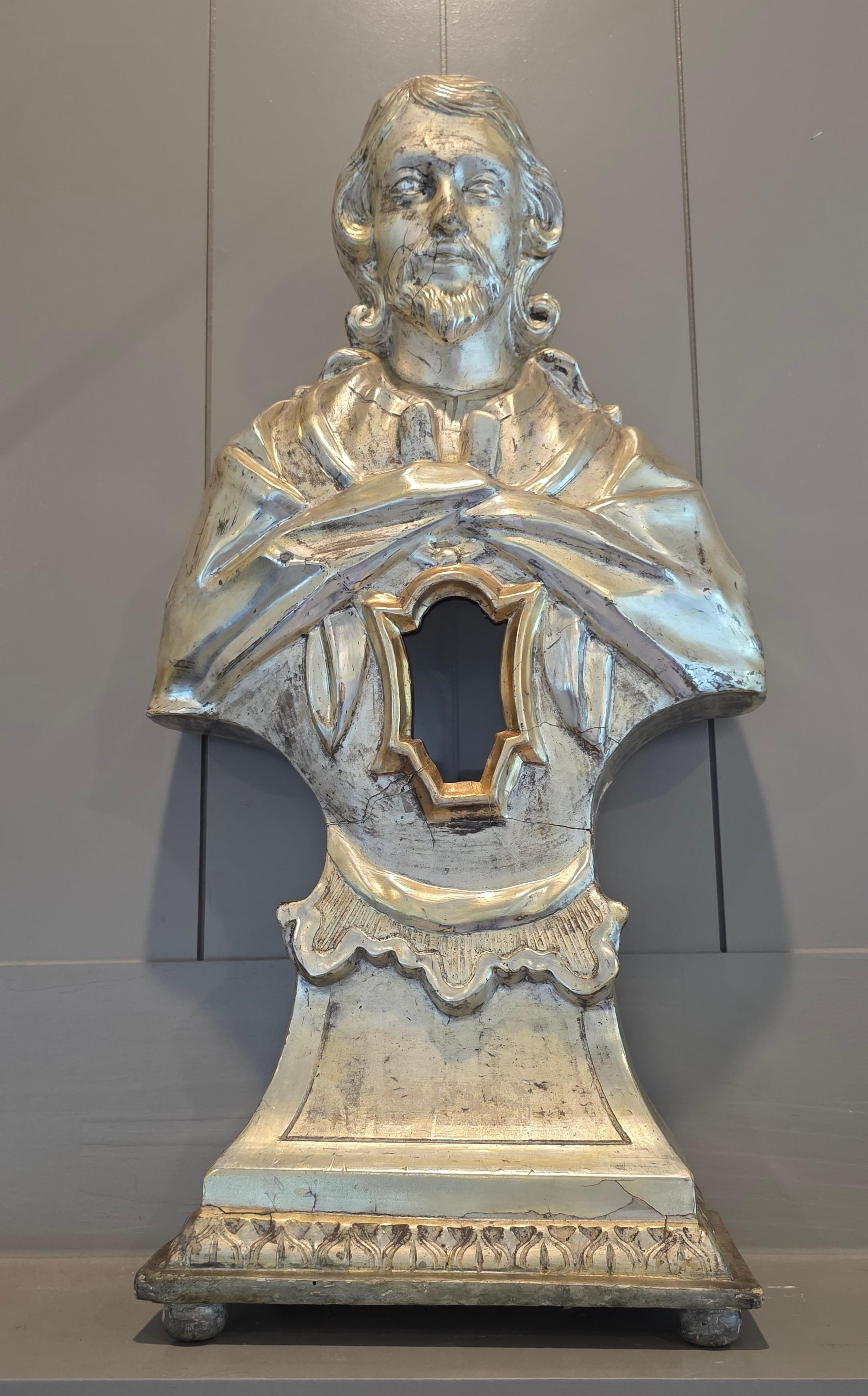 Baroque Antique Italian Carved Silvered Gilt Wood Altar Reliquary Bust Sculpture 18th C. en vente