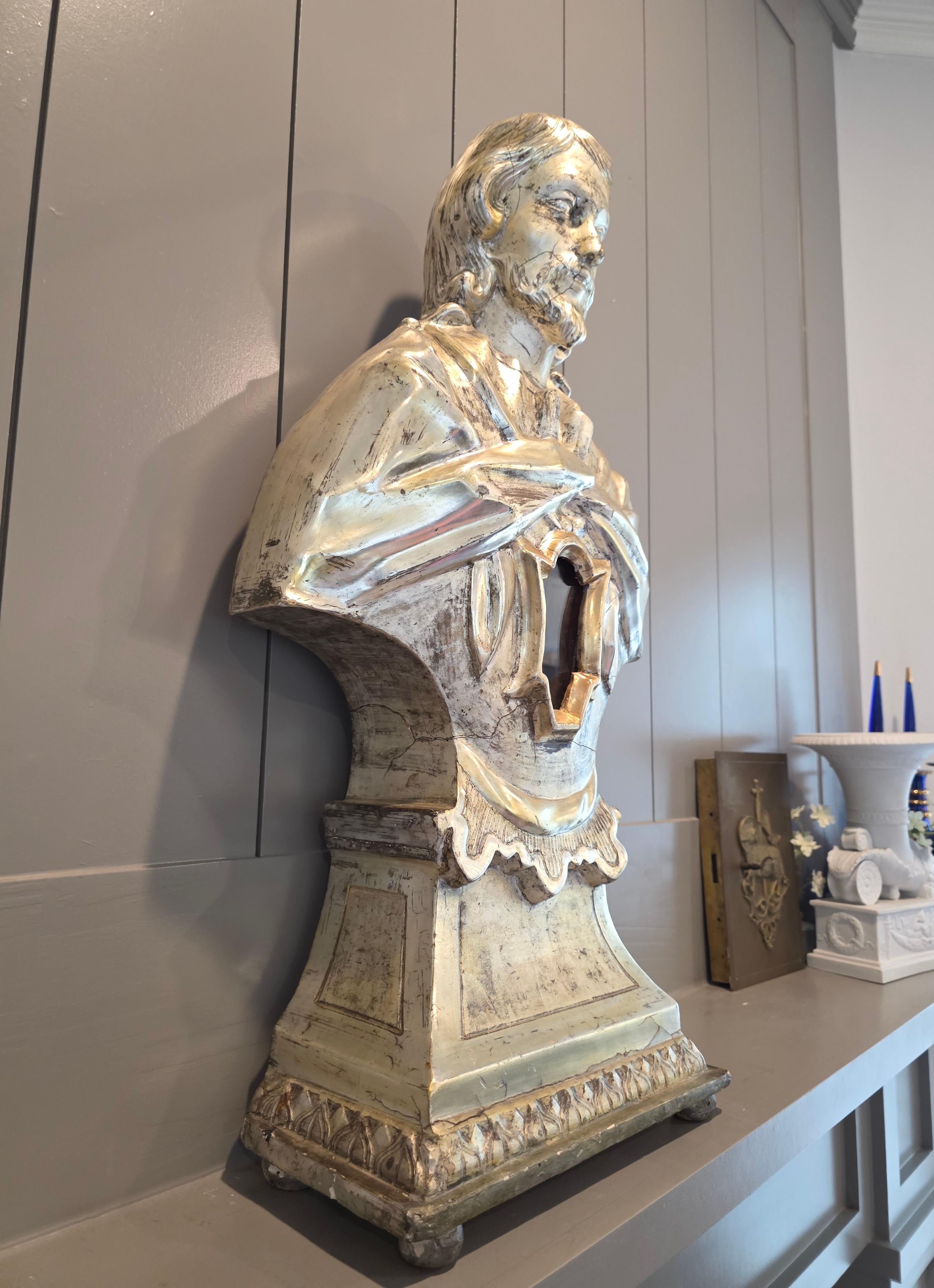 italien Antique Italian Carved Silvered Gilt Wood Altar Reliquary Bust Sculpture 18th C. en vente