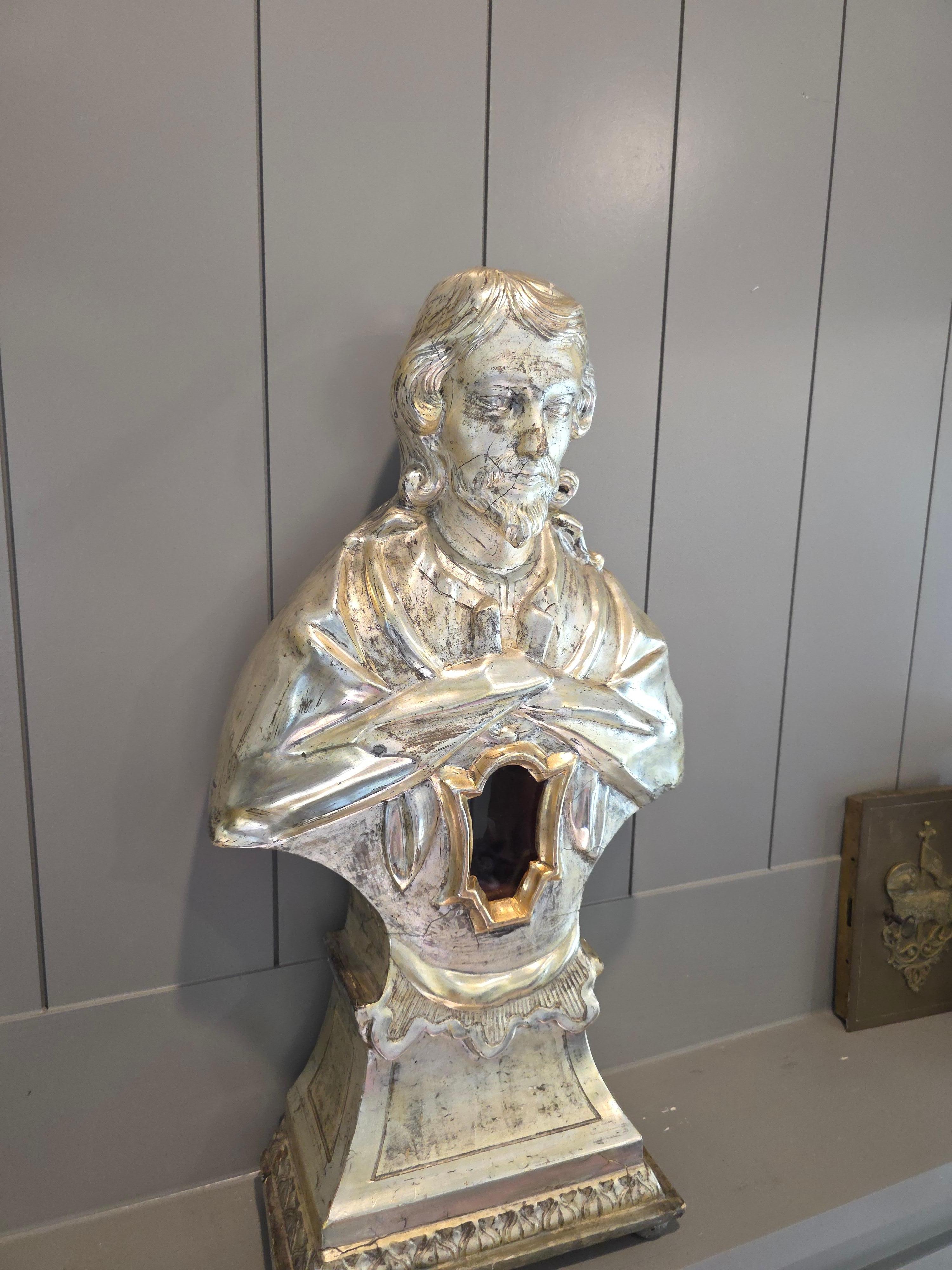 XVIIIe siècle Antique Italian Carved Silvered Gilt Wood Altar Reliquary Bust Sculpture 18th C. en vente