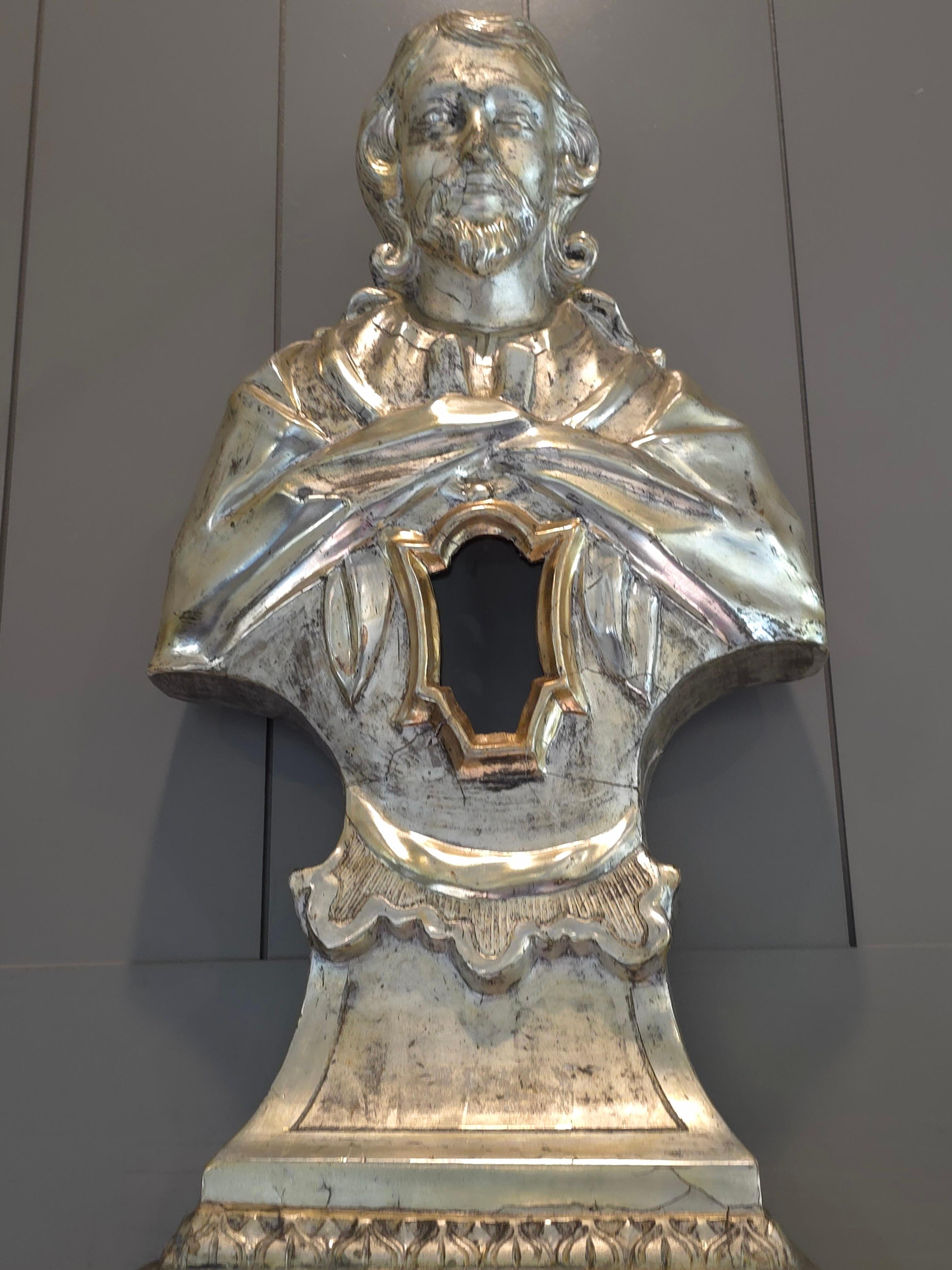 Gesso Antique Italian Carved Silvered Gilt Wood Altar Reliquary Bust Sculpture 18th C. en vente
