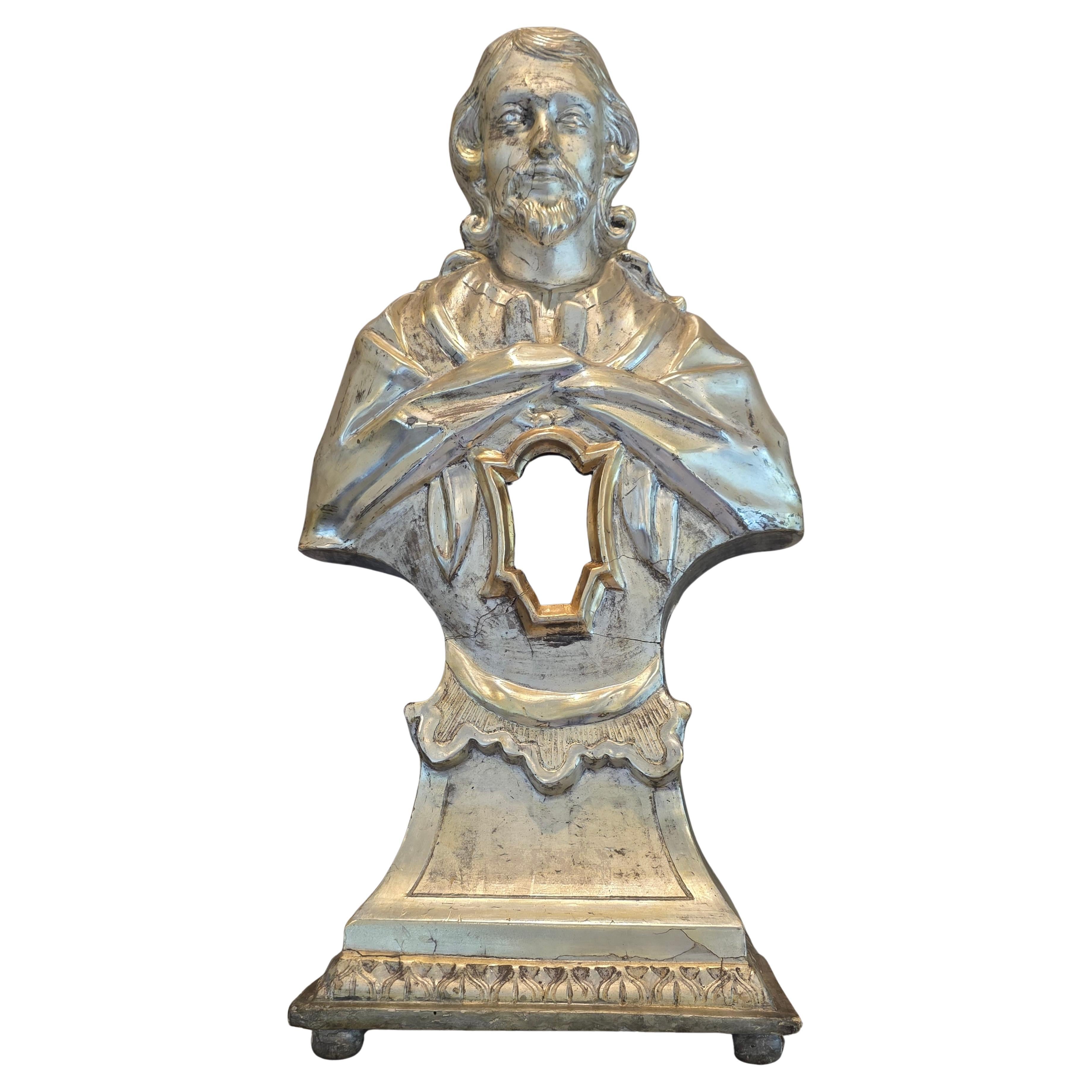 Antique Italian Carved Silvered Gilt Wood Altar Reliquary Bust Sculpture 18th C. en vente