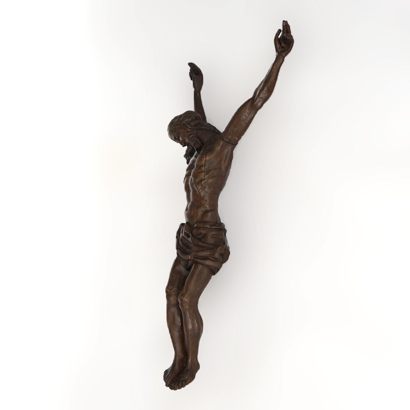 Hand-Carved Antique Italian Carved & Stained Oak Jesus Christ Crucifix Wall Sculpture 19th C