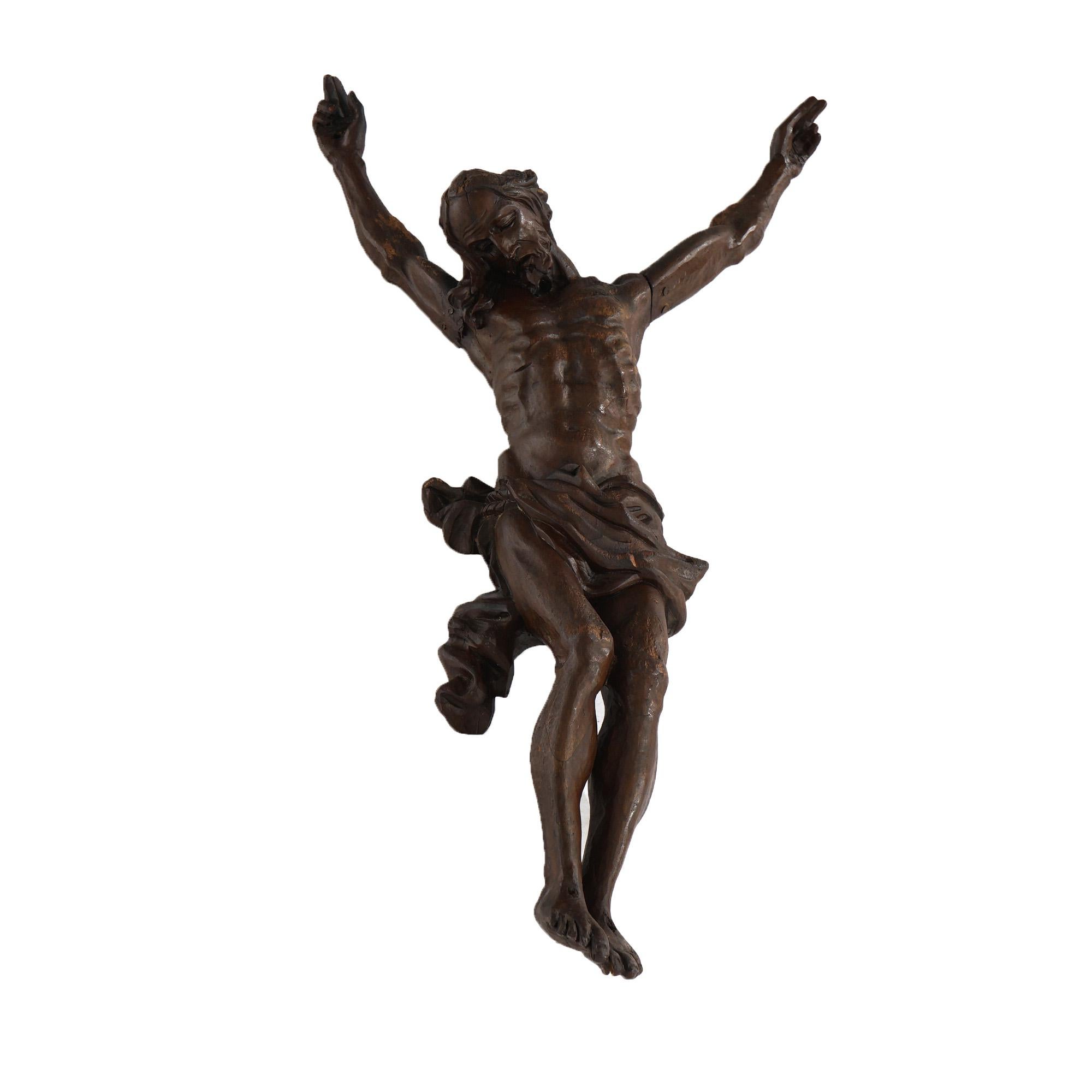 19th Century Antique Italian Carved & Stained Oak Jesus Christ Crucifix Wall Sculpture 19th C