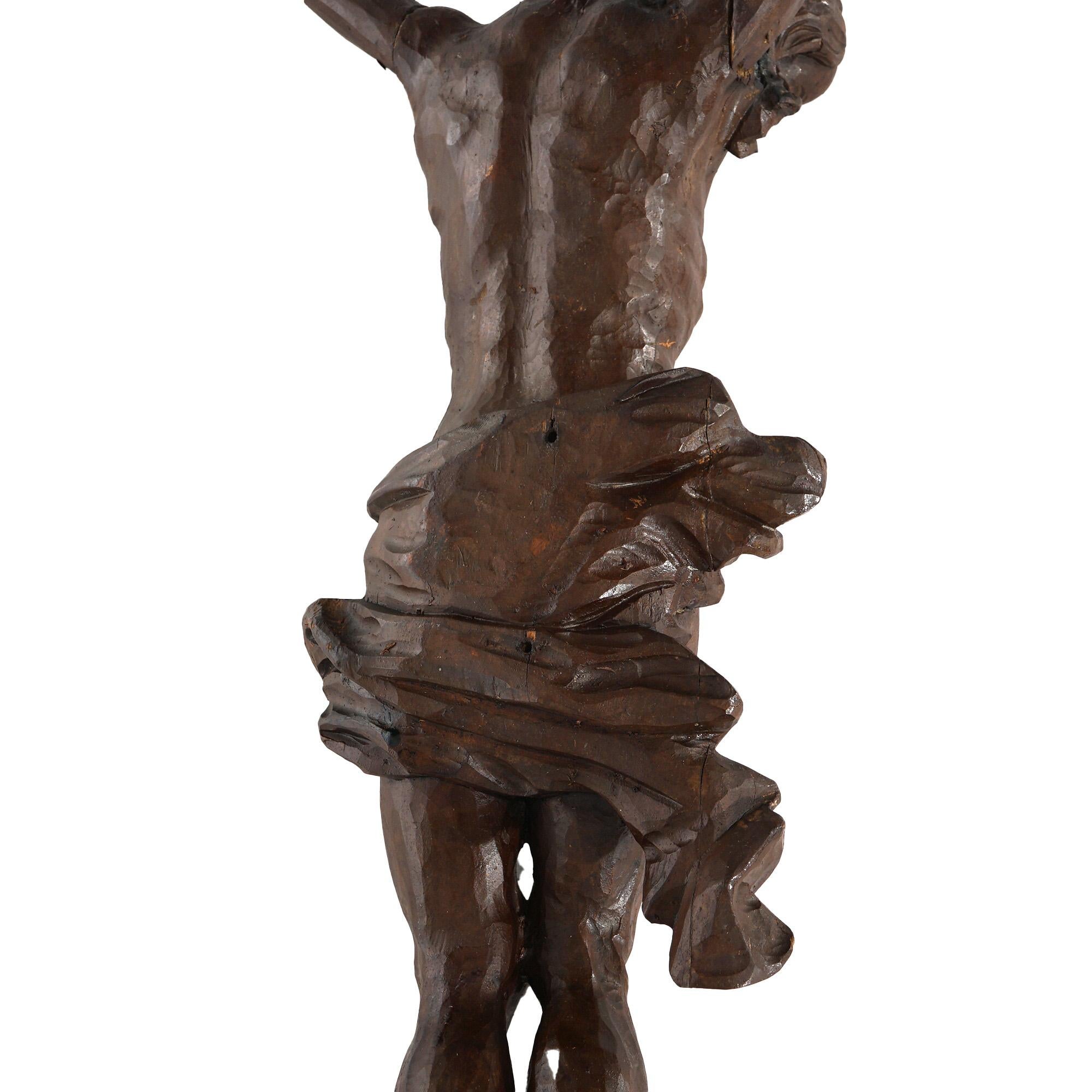 Antique Italian Carved & Stained Oak Jesus Christ Crucifix Wall Sculpture 19th C 3