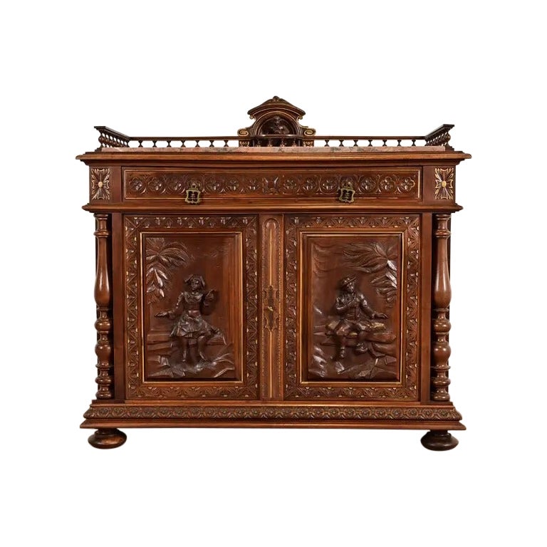 Antique Italian Carved Walnut and Marble Top Sideboard, Circa 1890s For Sale