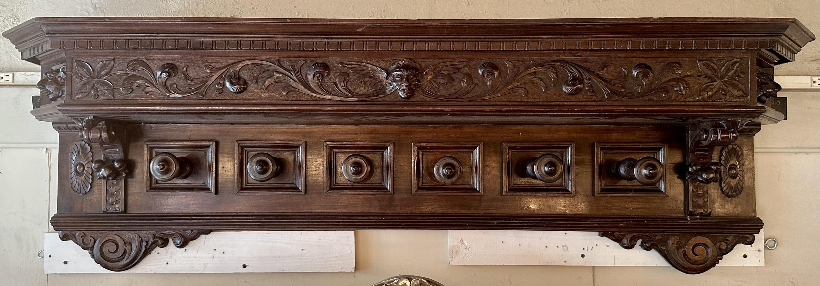 Grand Size Antique Italian Intricately Carved Walnut Hanging Coat Rack, Circa 1880-1890.