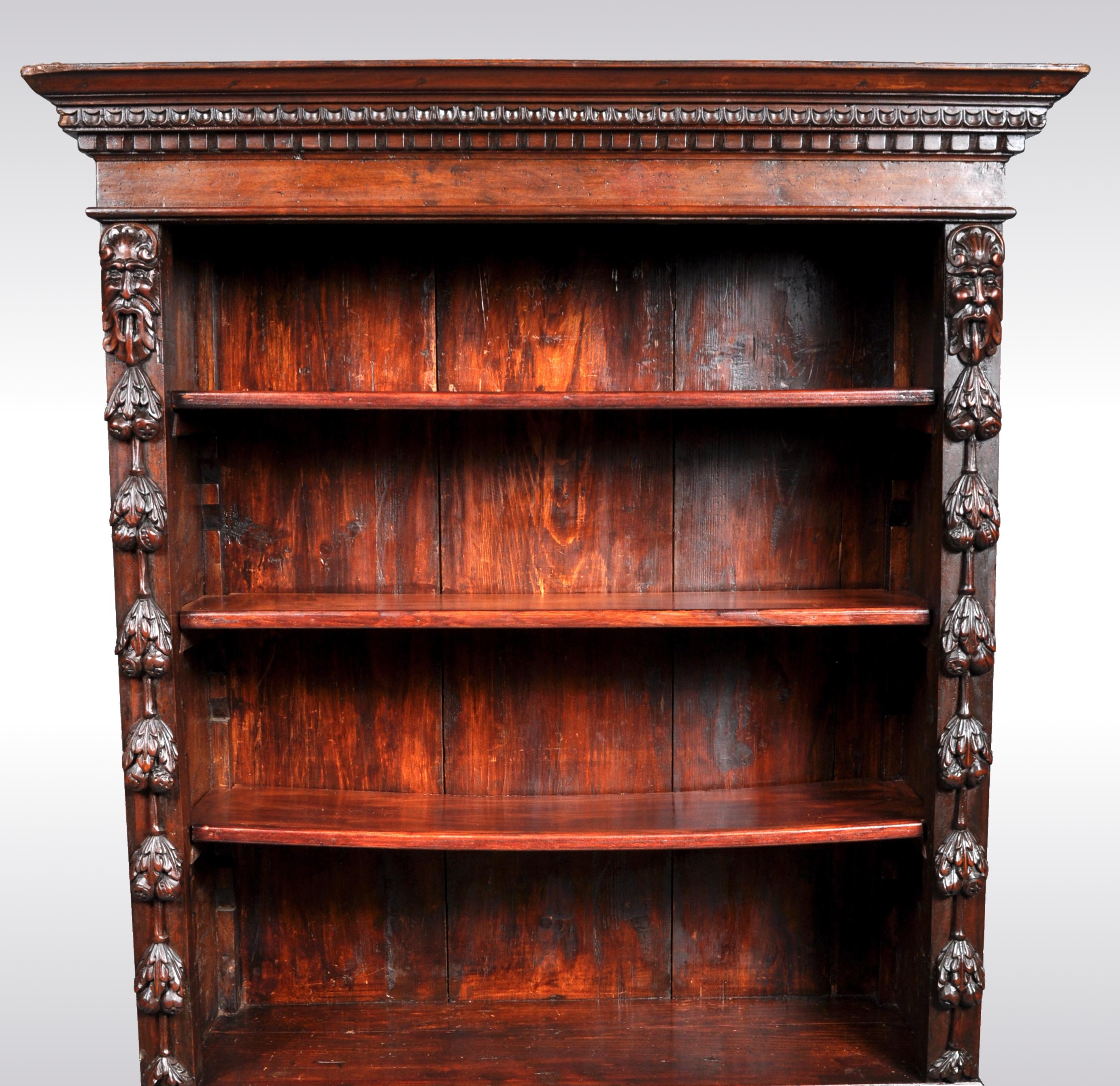 Hand-Carved Antique Italian Carved Walnut Renaissance Revival Bookcase, circa 1870
