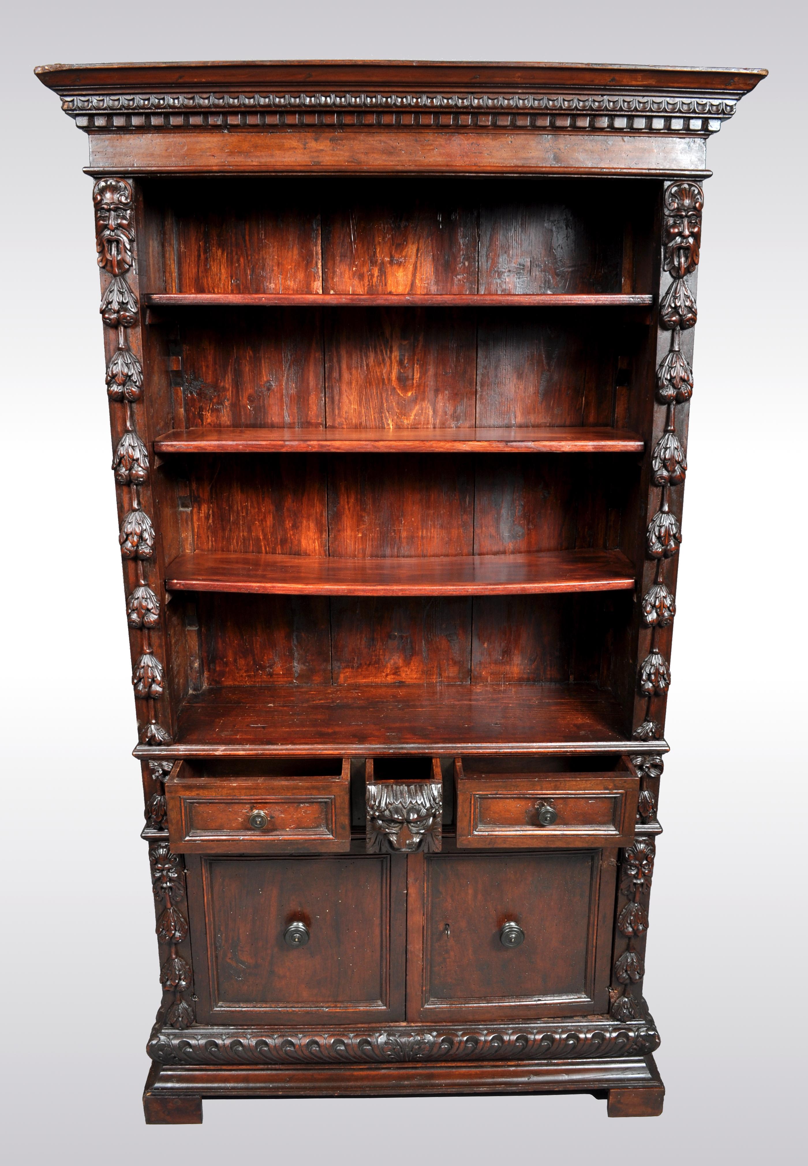 19th Century Antique Italian Carved Walnut Renaissance Revival Bookcase, circa 1870