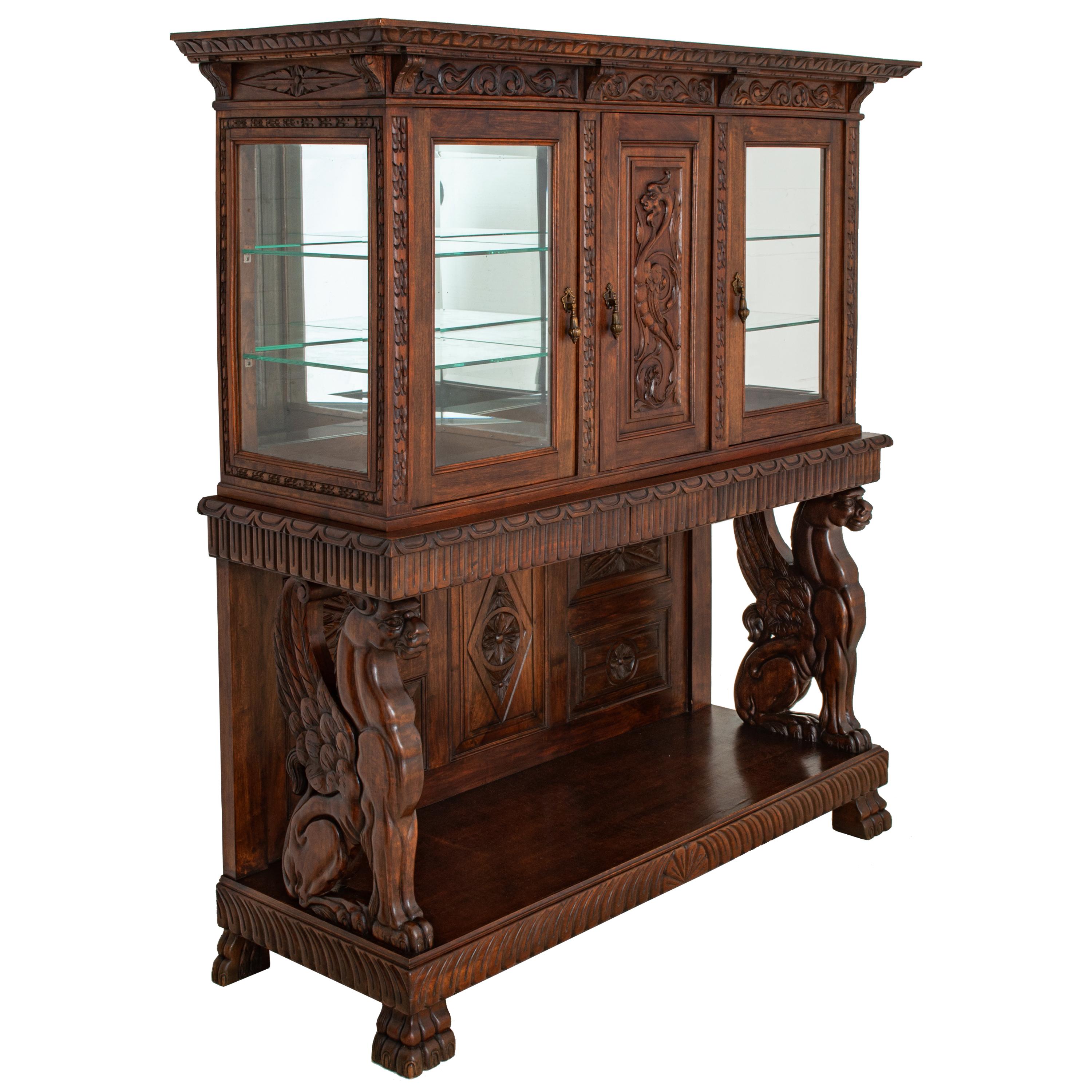 Antique Italian Carved Walnut Renaissance Revival Griffin Display Cabinet Buffet In Good Condition In Portland, OR
