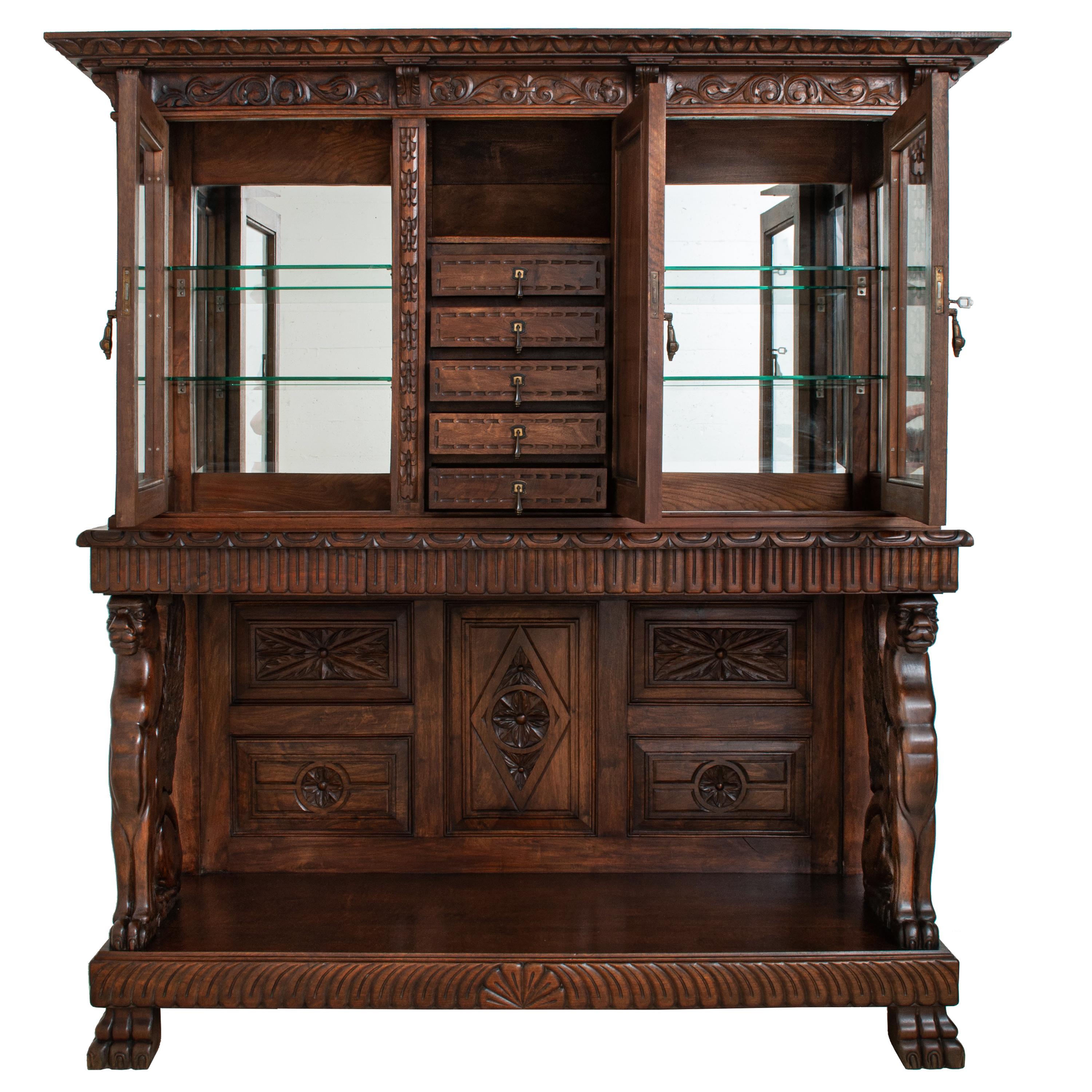19th Century Antique Italian Carved Walnut Renaissance Revival Griffin Display Cabinet Buffet