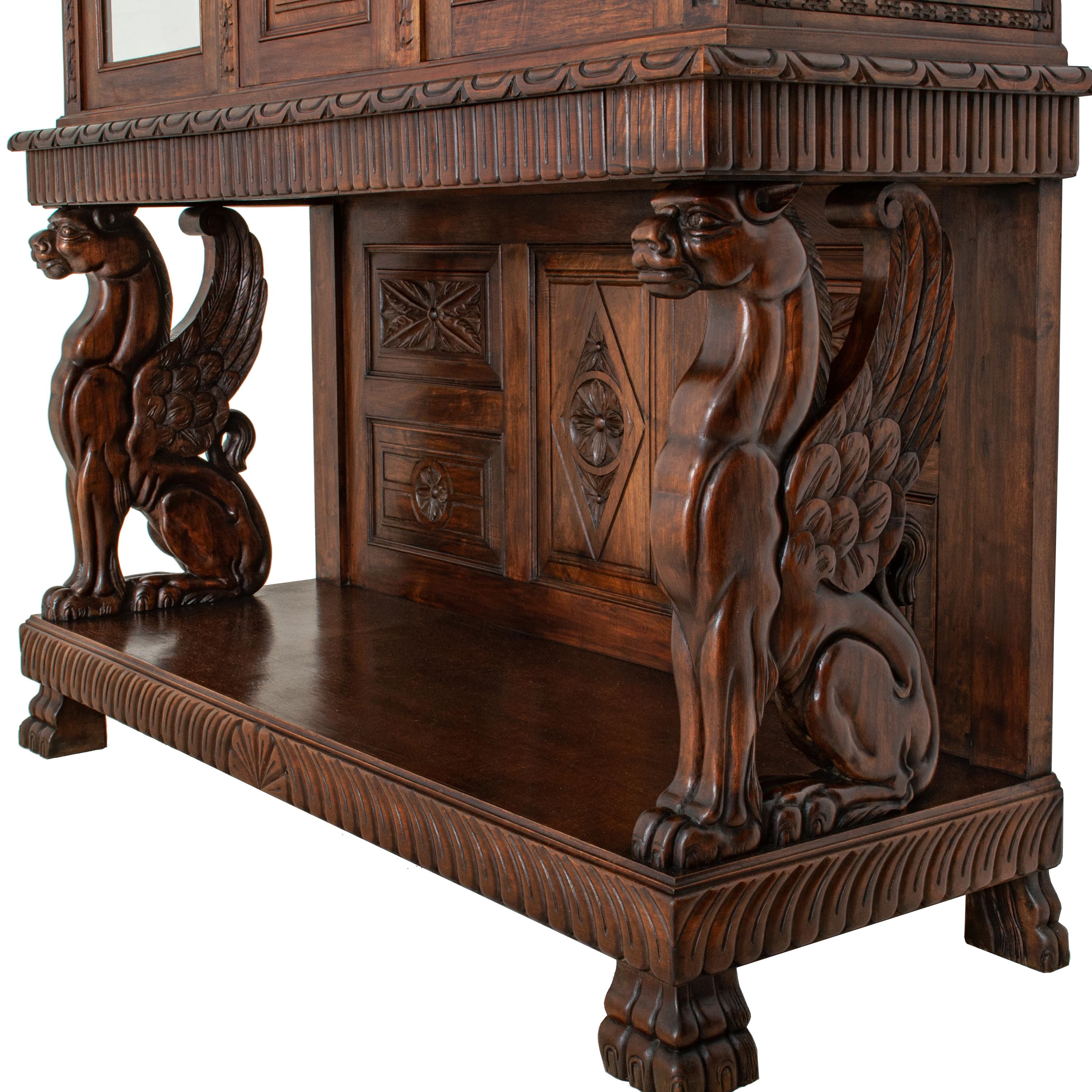 Antique Italian Carved Walnut Renaissance Revival Griffin Display Cabinet Buffet 2