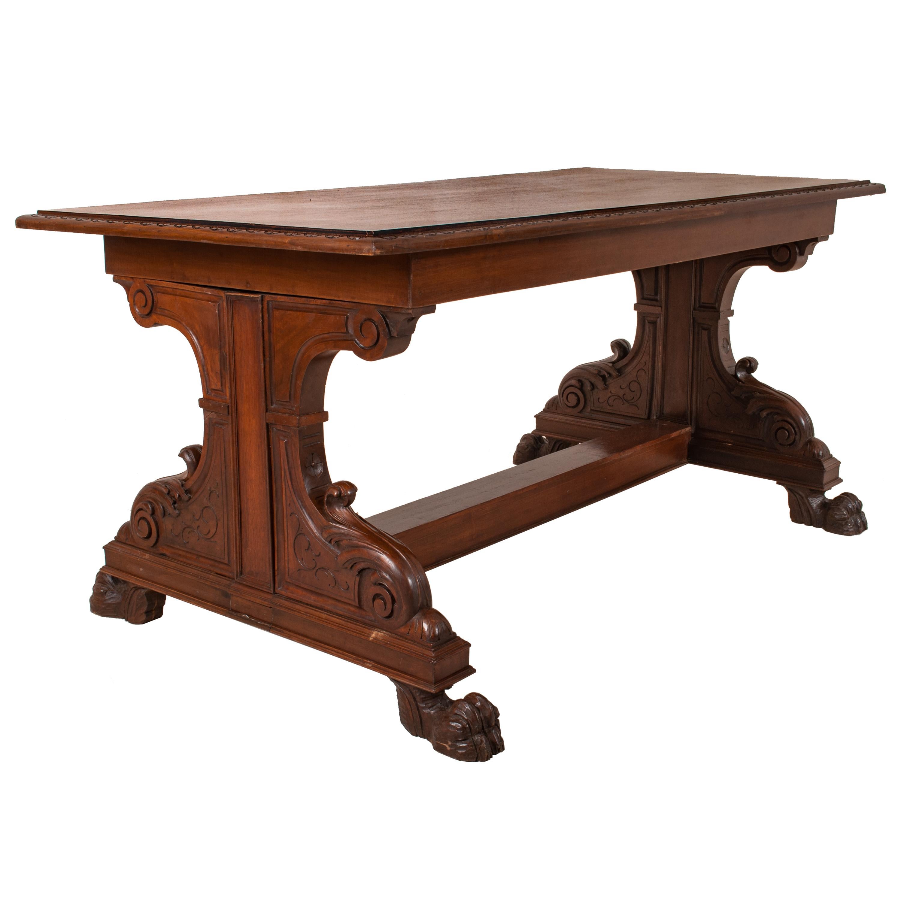 Antique Italian Carved Walnut Renaissance Revival Library Serving Table, 1870 In Good Condition For Sale In Portland, OR