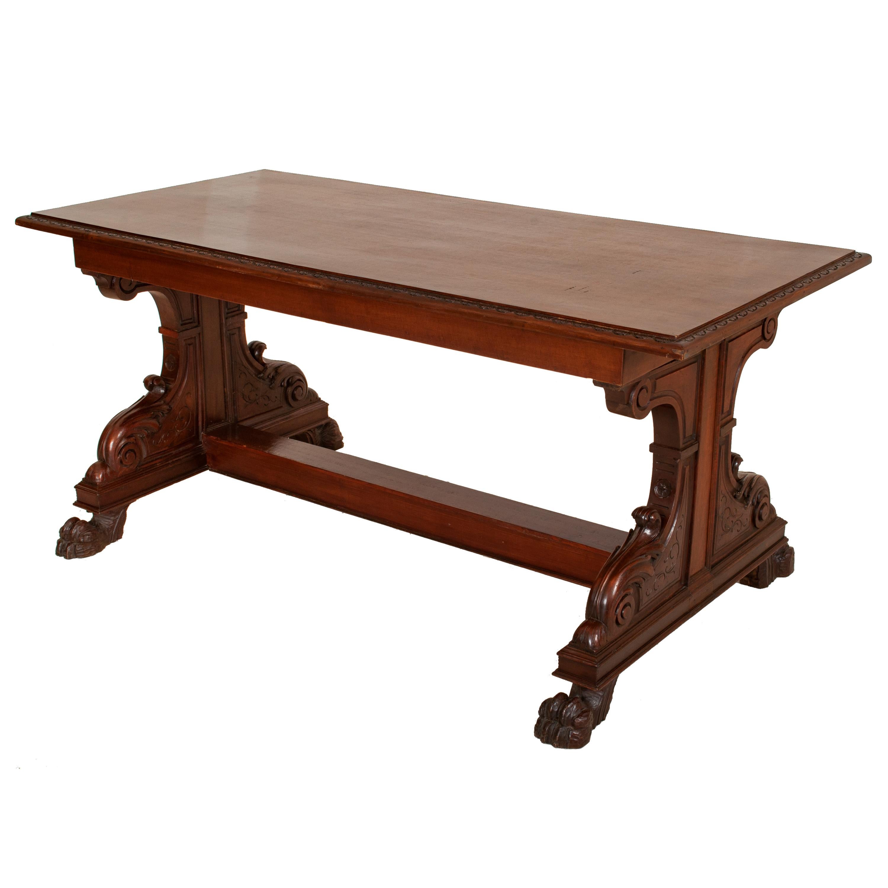 Late 19th Century Antique Italian Carved Walnut Renaissance Revival Library Serving Table, 1870 For Sale