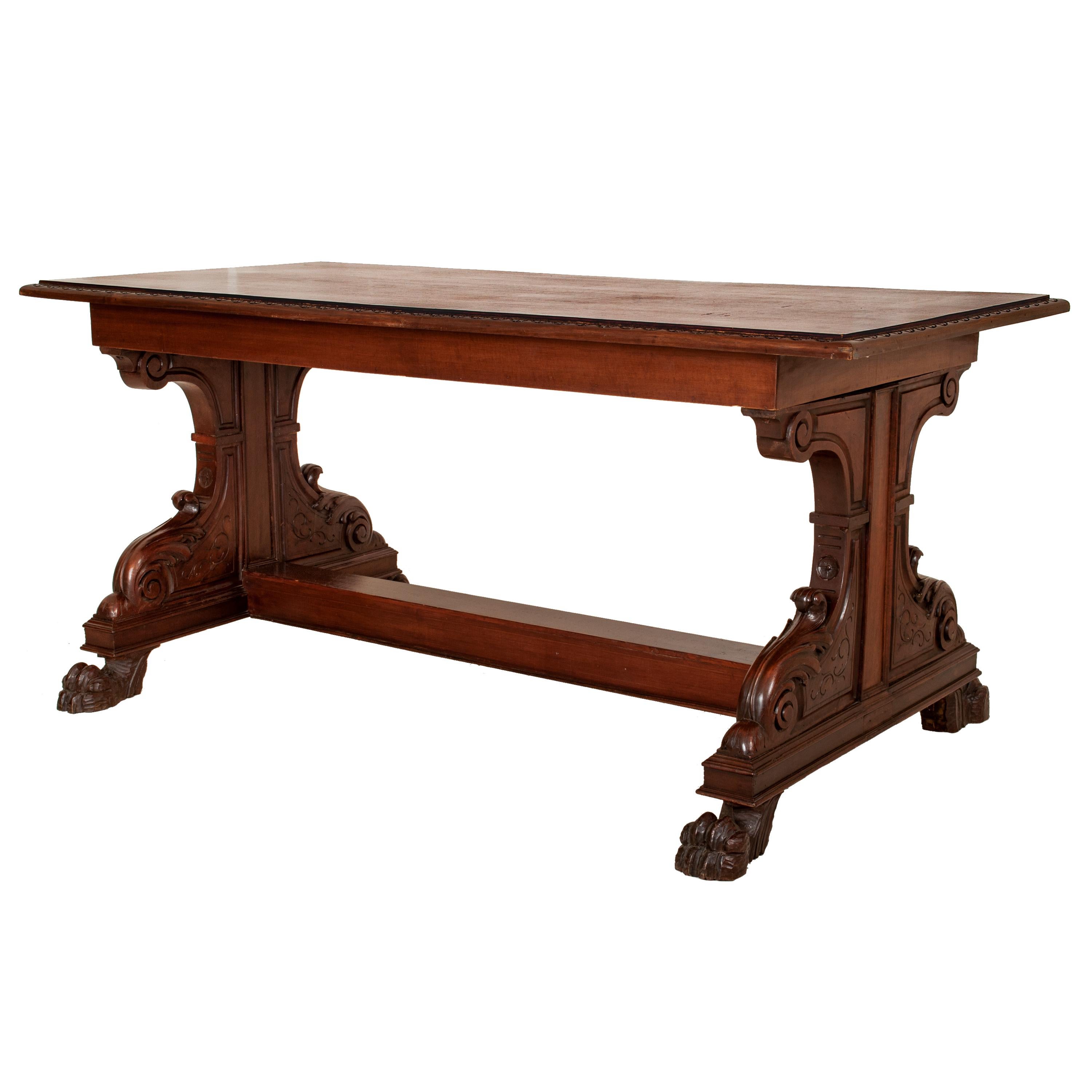 Antique Italian Carved Walnut Renaissance Revival Library Serving Table, 1870 For Sale 1