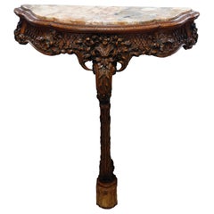 Antique Italian Carved Walnut Rococo Marble-Top Console Table, 19th Century