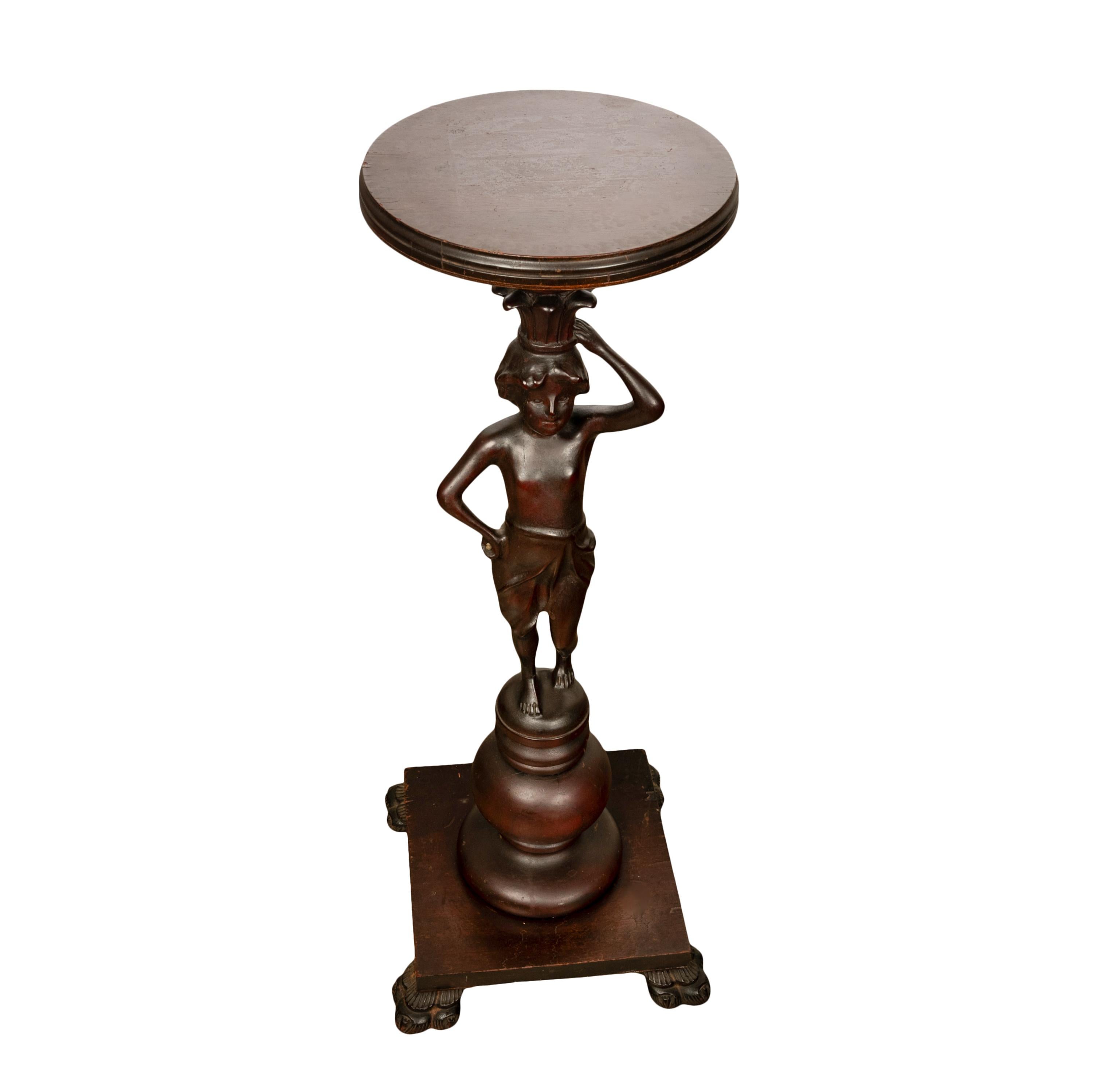 Antique Italian Carved Walnut Statue Pedestal Wine Candle Lamp Stand Table 1900 For Sale 4