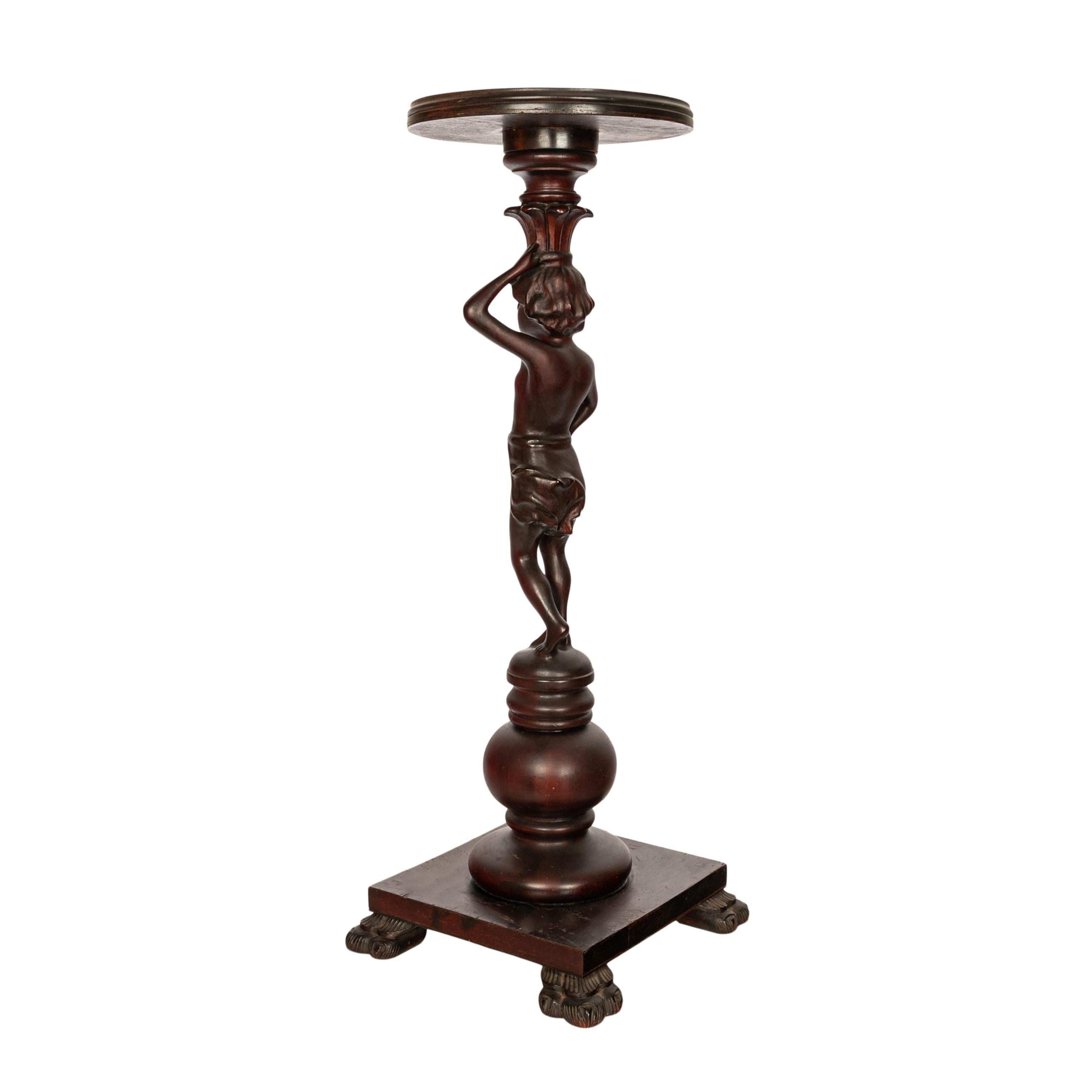 Neoclassical Antique Italian Carved Walnut Statue Pedestal Wine Candle Lamp Stand Table 1900 For Sale