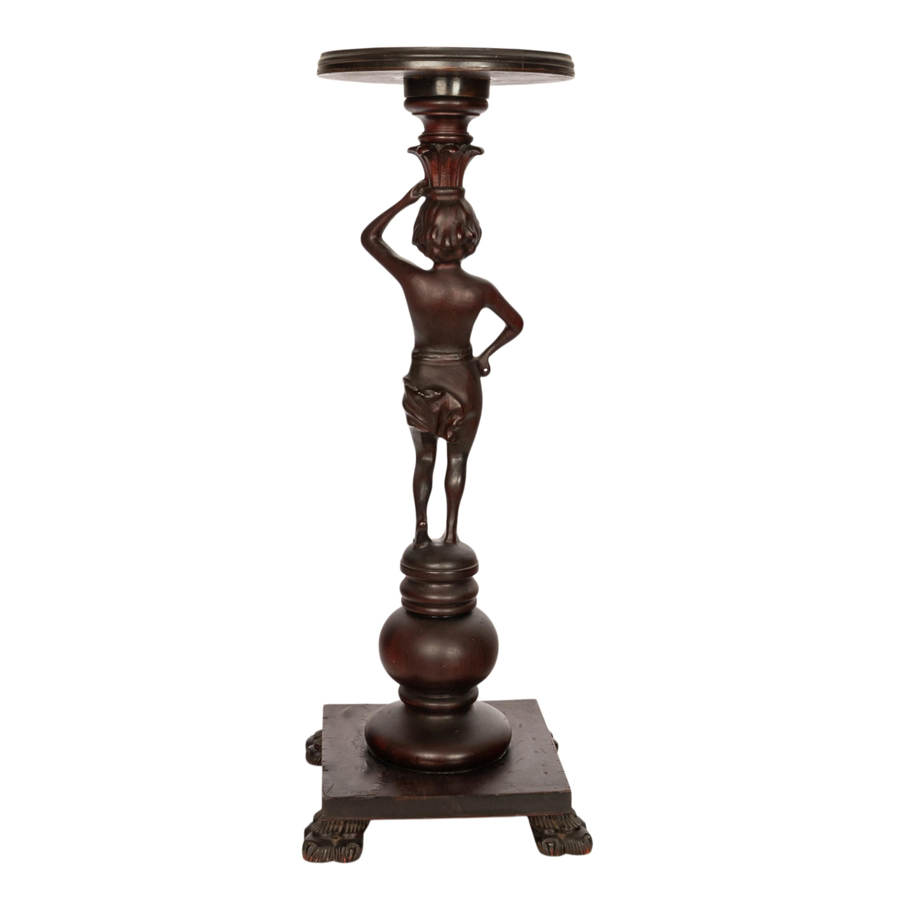 Antique Italian Carved Walnut Statue Pedestal Wine Candle Lamp Stand Table 1900 In Good Condition For Sale In Portland, OR