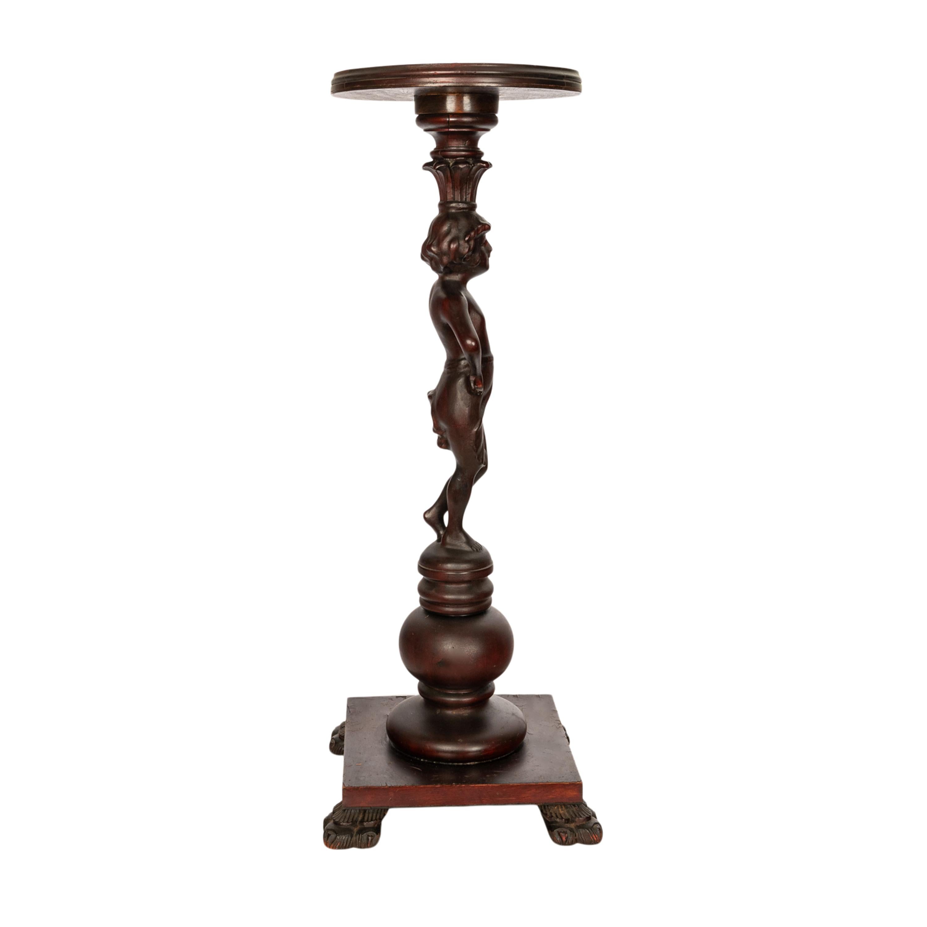 Early 20th Century Antique Italian Carved Walnut Statue Pedestal Wine Candle Lamp Stand Table 1900 For Sale
