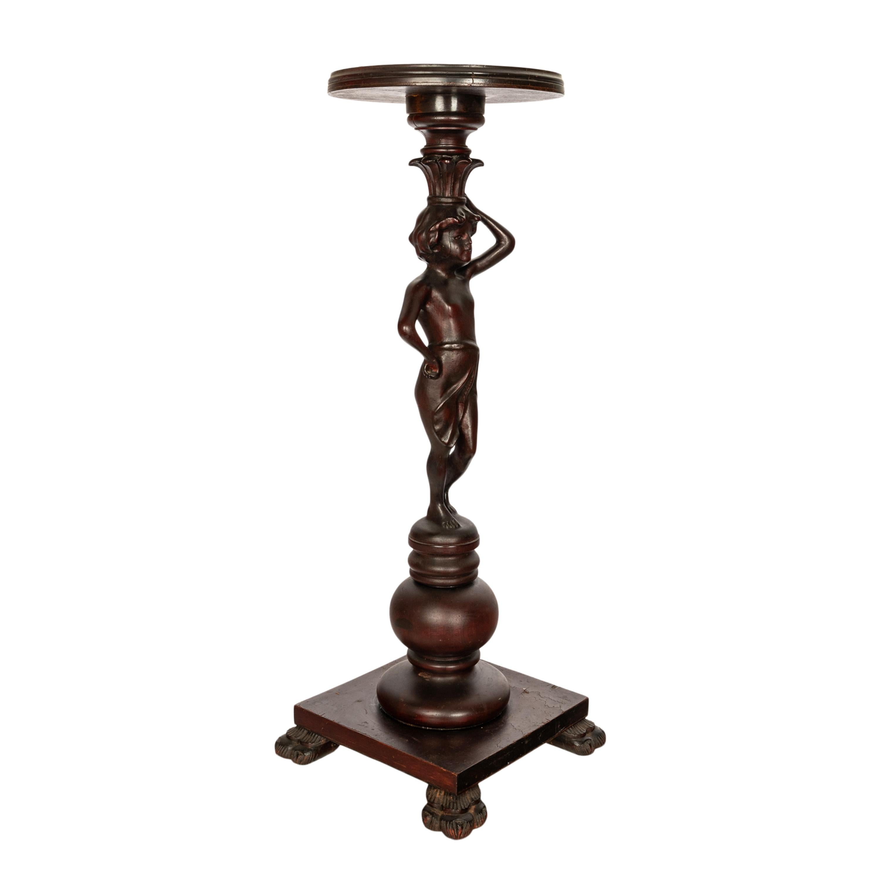 Antique Italian Carved Walnut Statue Pedestal Wine Candle Lamp Stand Table 1900 For Sale 1