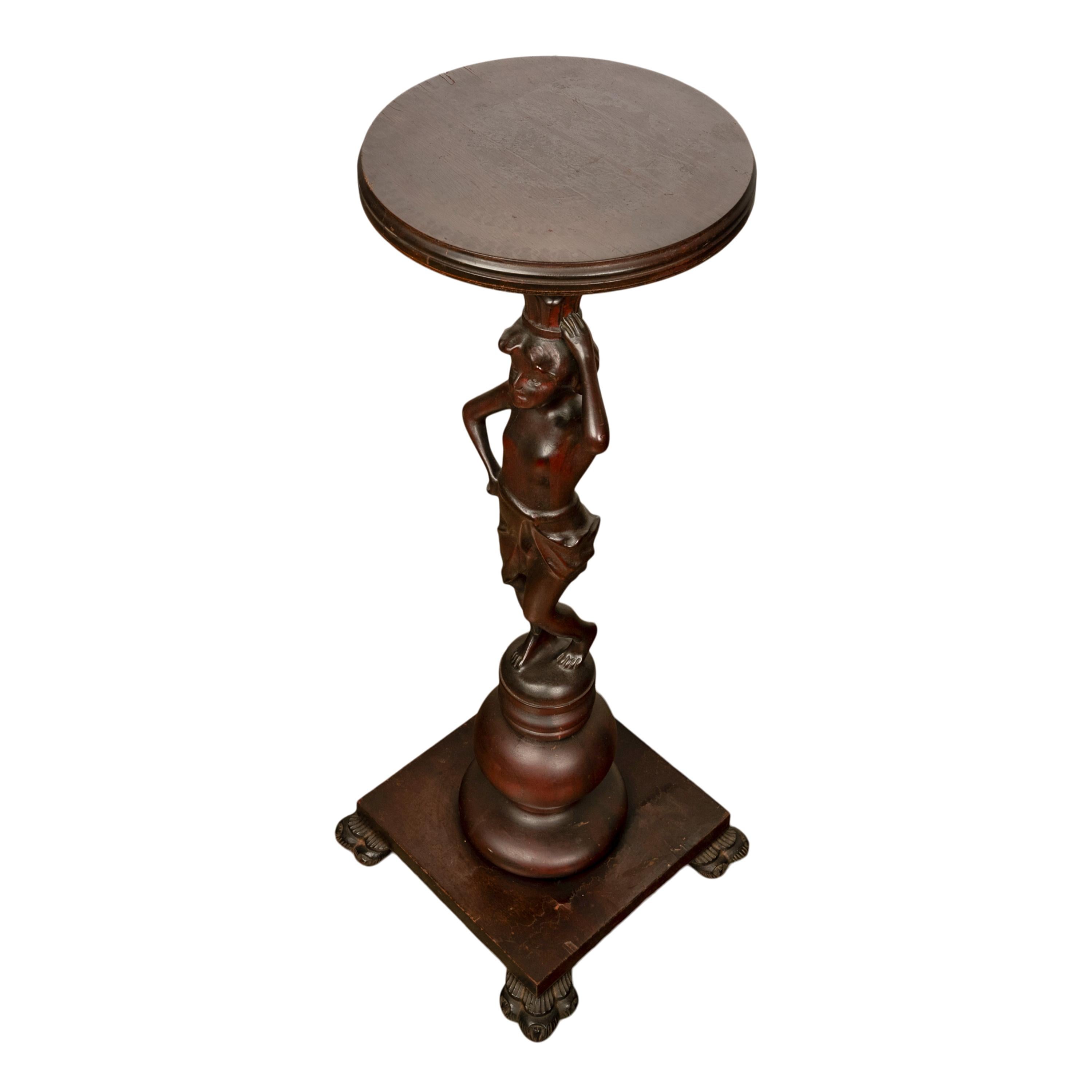 Antique Italian Carved Walnut Statue Pedestal Wine Candle Lamp Stand Table 1900 For Sale 2