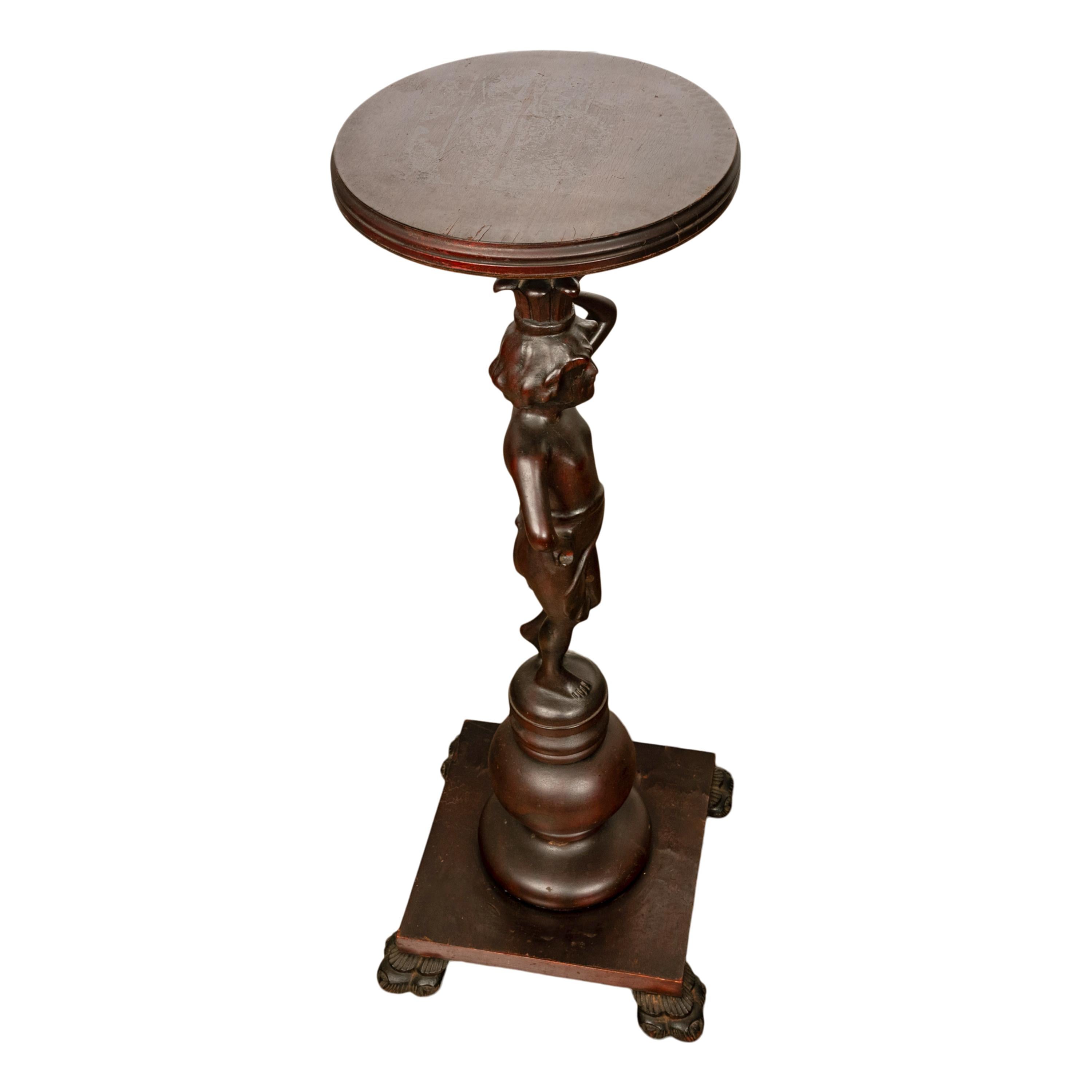 Antique Italian Carved Walnut Statue Pedestal Wine Candle Lamp Stand Table 1900 For Sale 3