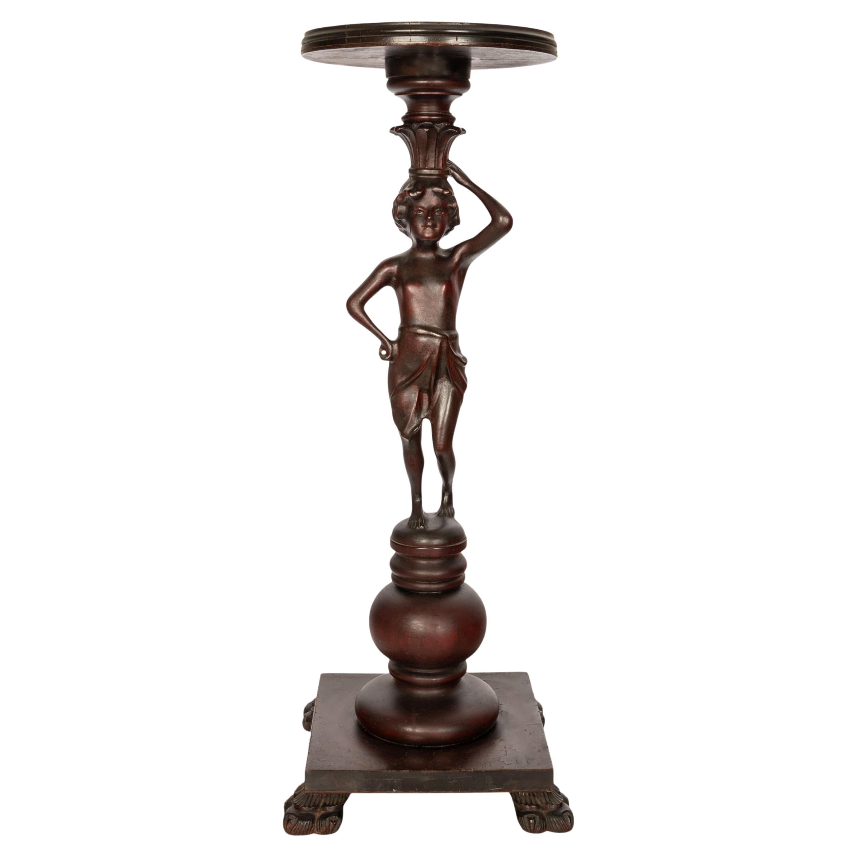 Antigua Estatua Italiana Tallada en Nogal Pedestal Vino Candelero Mesa 1900