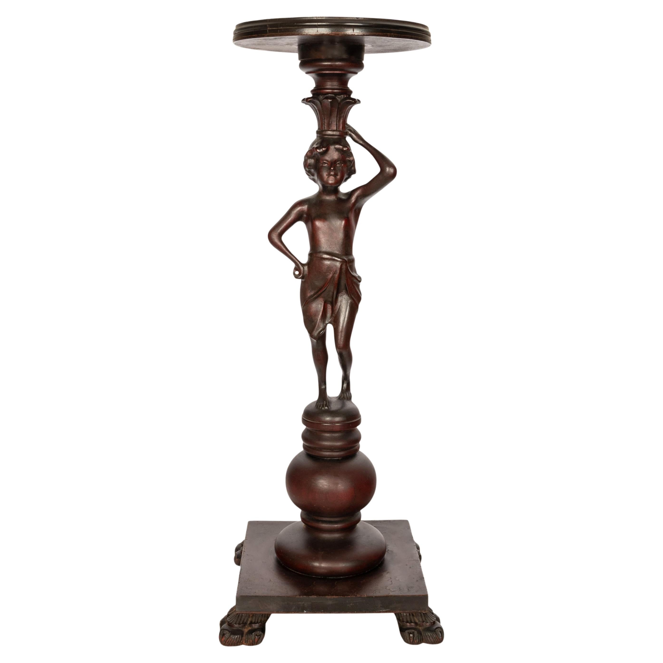 Antique Italian Carved Walnut Statue Pedestal Wine Candle Lamp Stand Table 1900