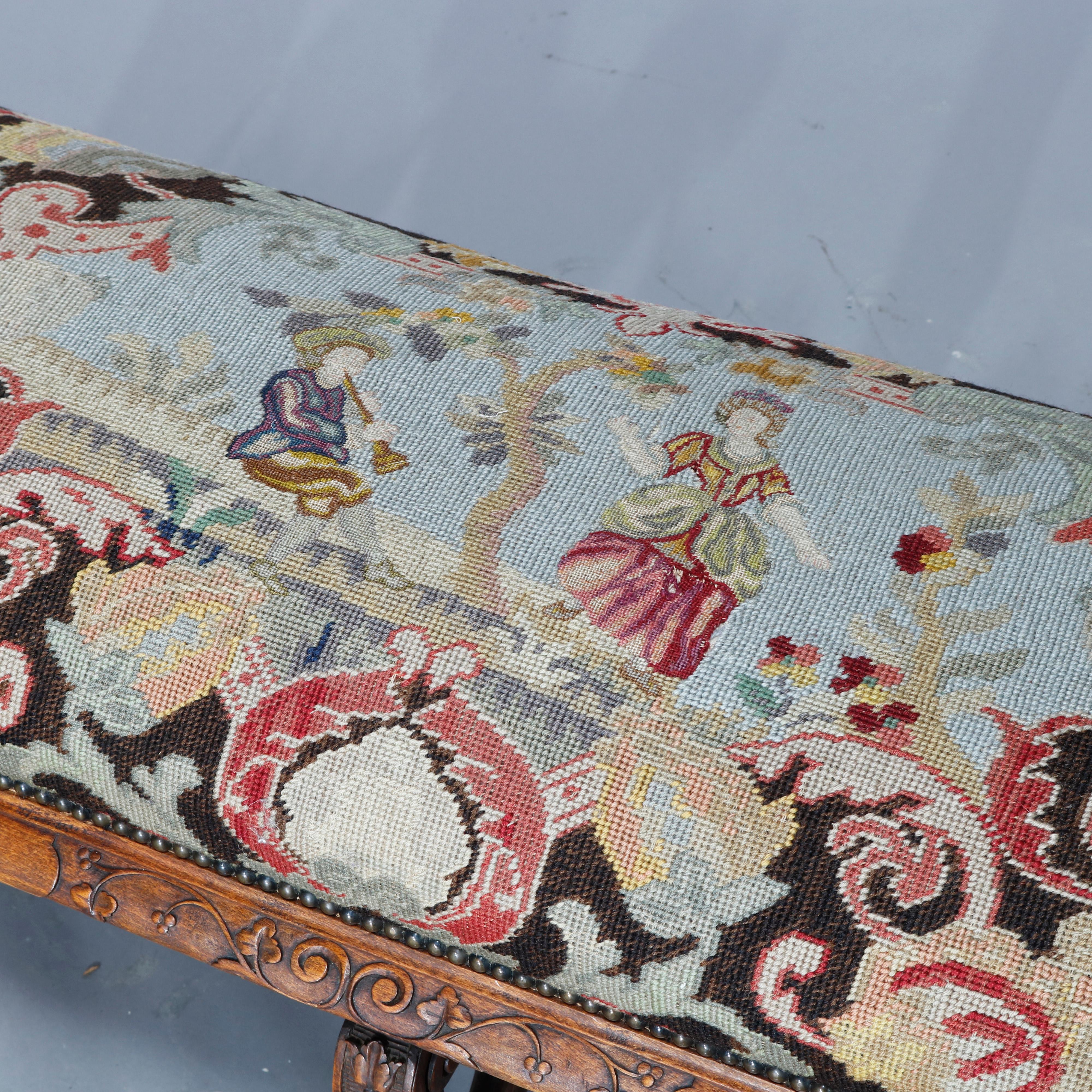 Antique Italian Carved Walnut & Tapestry Bench, Courting Scene, Circa 1890 In Good Condition In Big Flats, NY