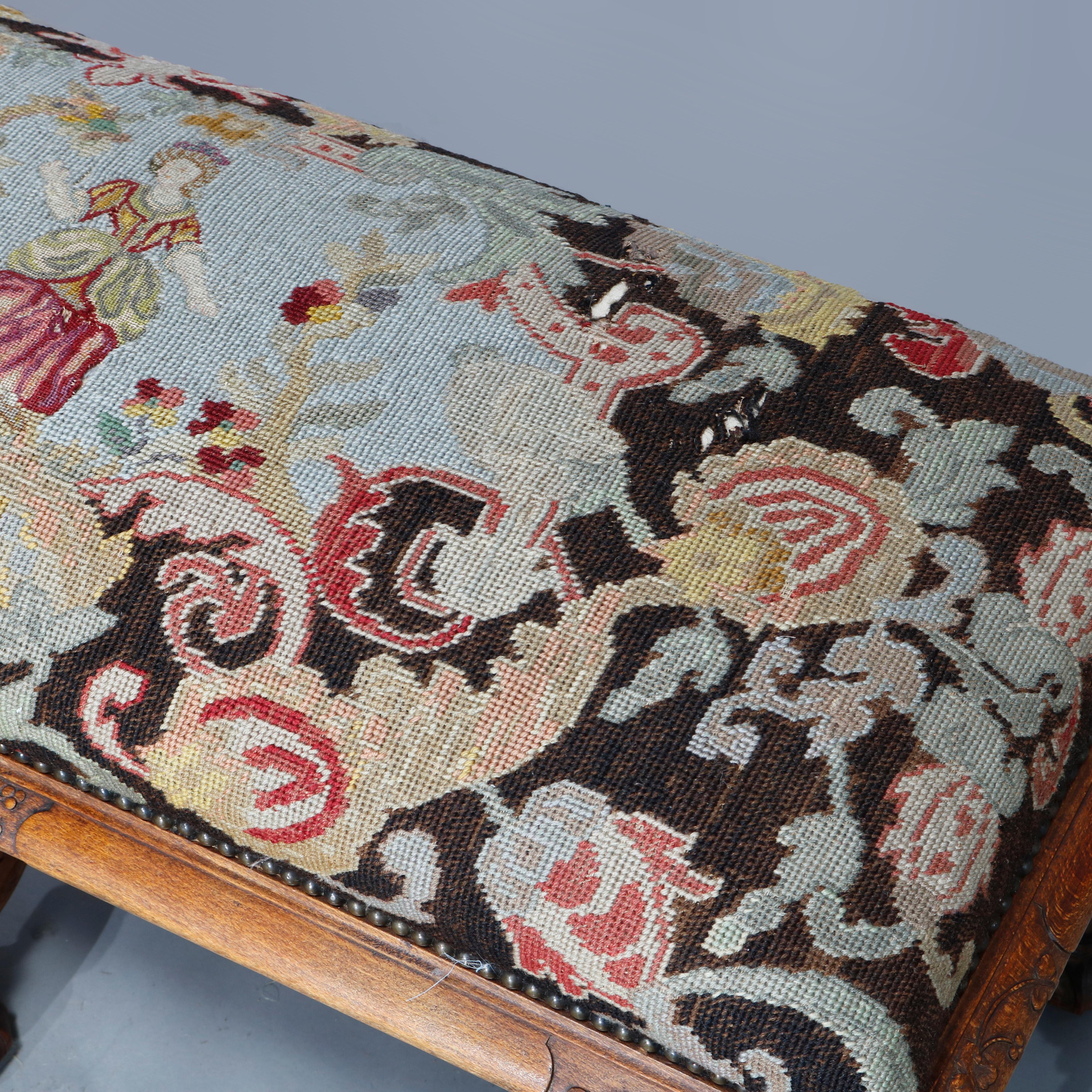 19th Century Antique Italian Carved Walnut & Tapestry Bench, Courting Scene, Circa 1890