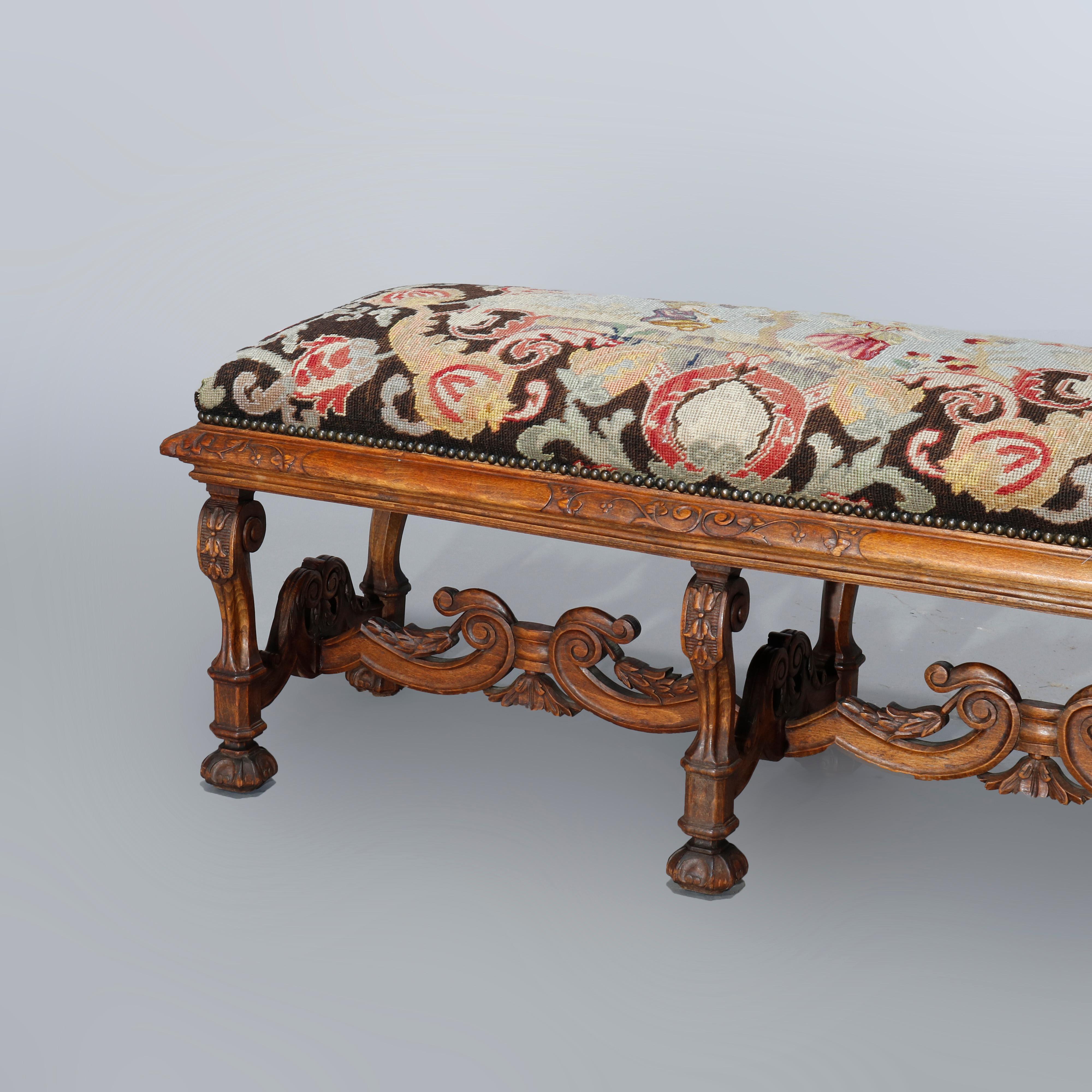 Antique Italian Carved Walnut & Tapestry Bench, Courting Scene, Circa 1890 1