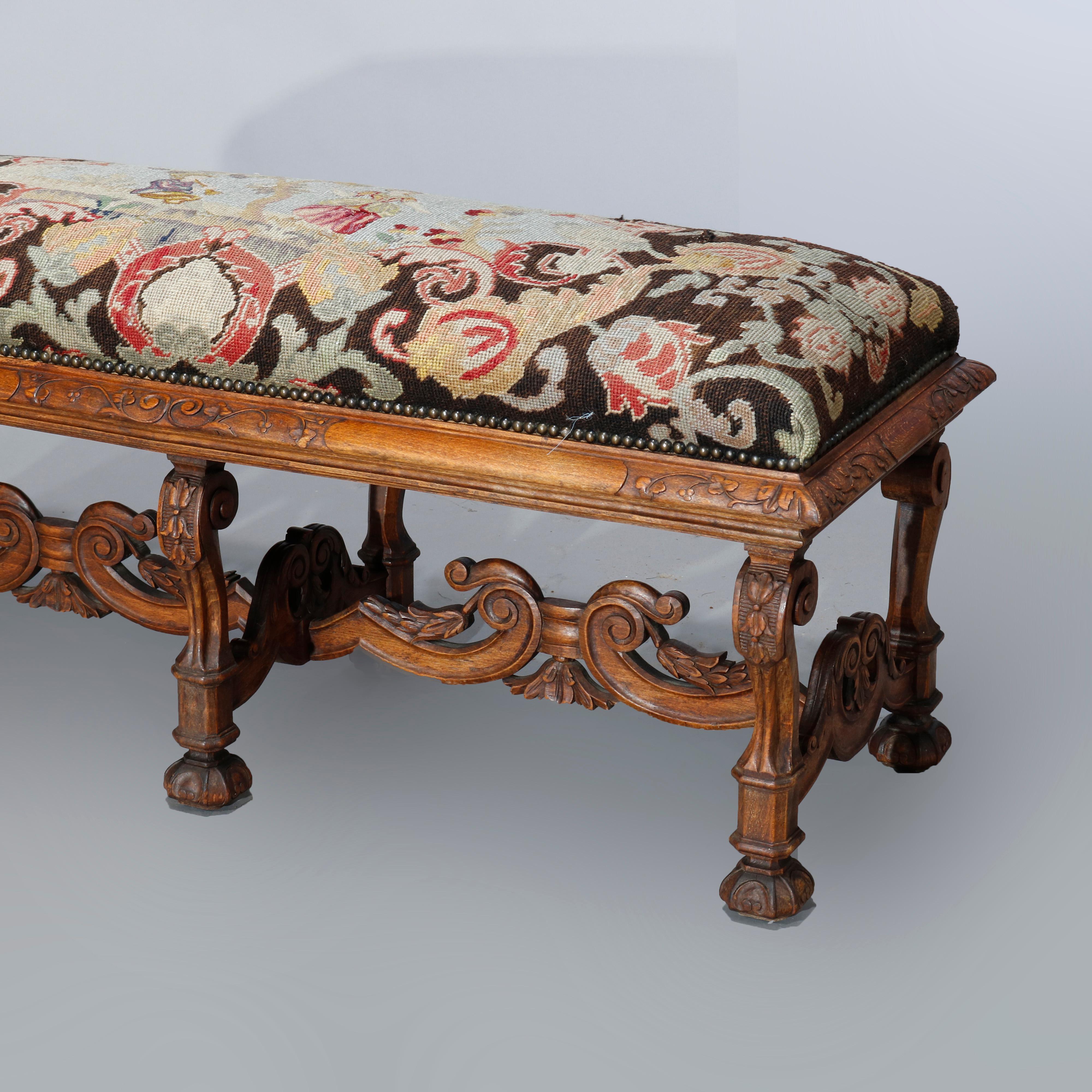 Antique Italian Carved Walnut & Tapestry Bench, Courting Scene, Circa 1890 2