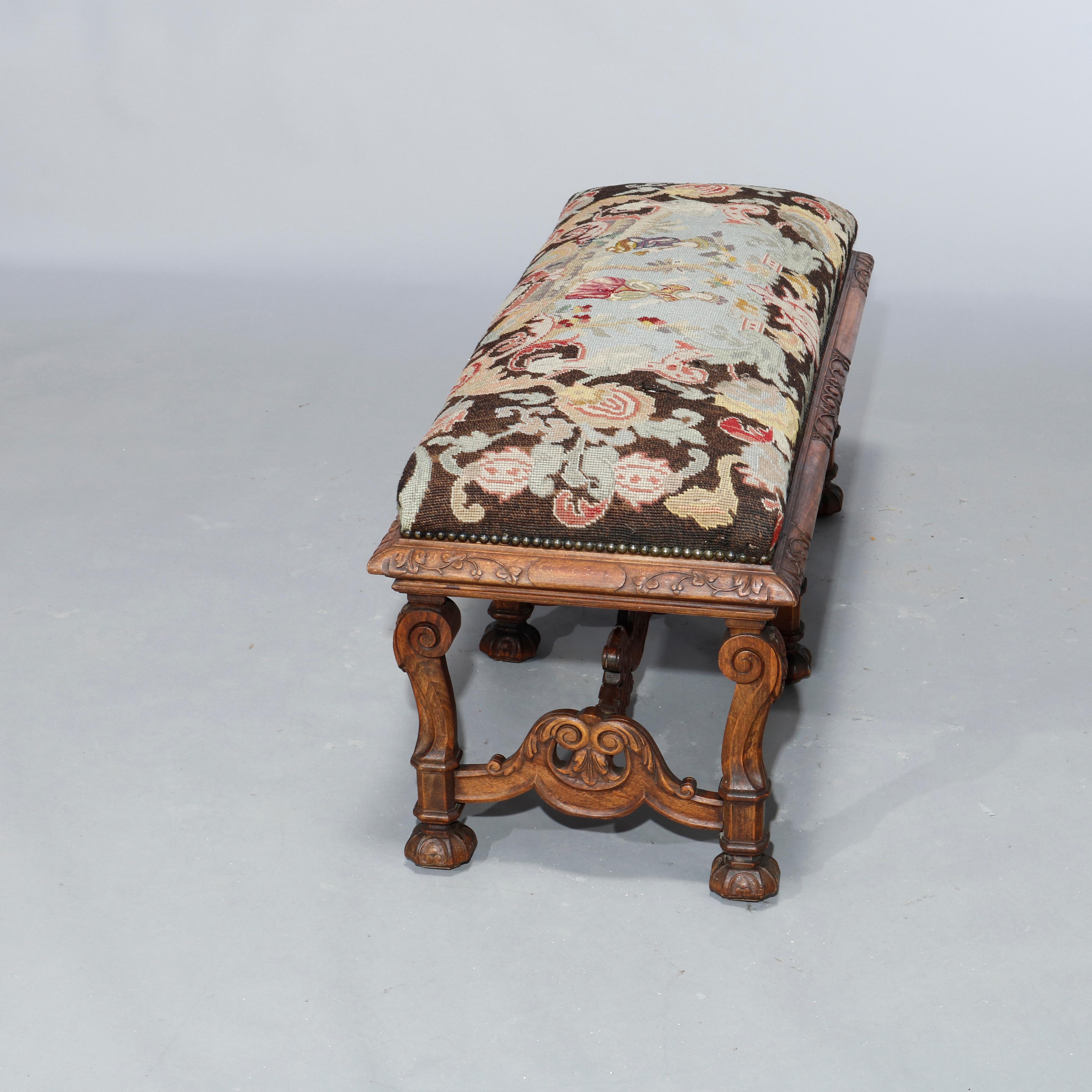 Antique Italian Carved Walnut & Tapestry Bench, Courting Scene, Circa 1890 3