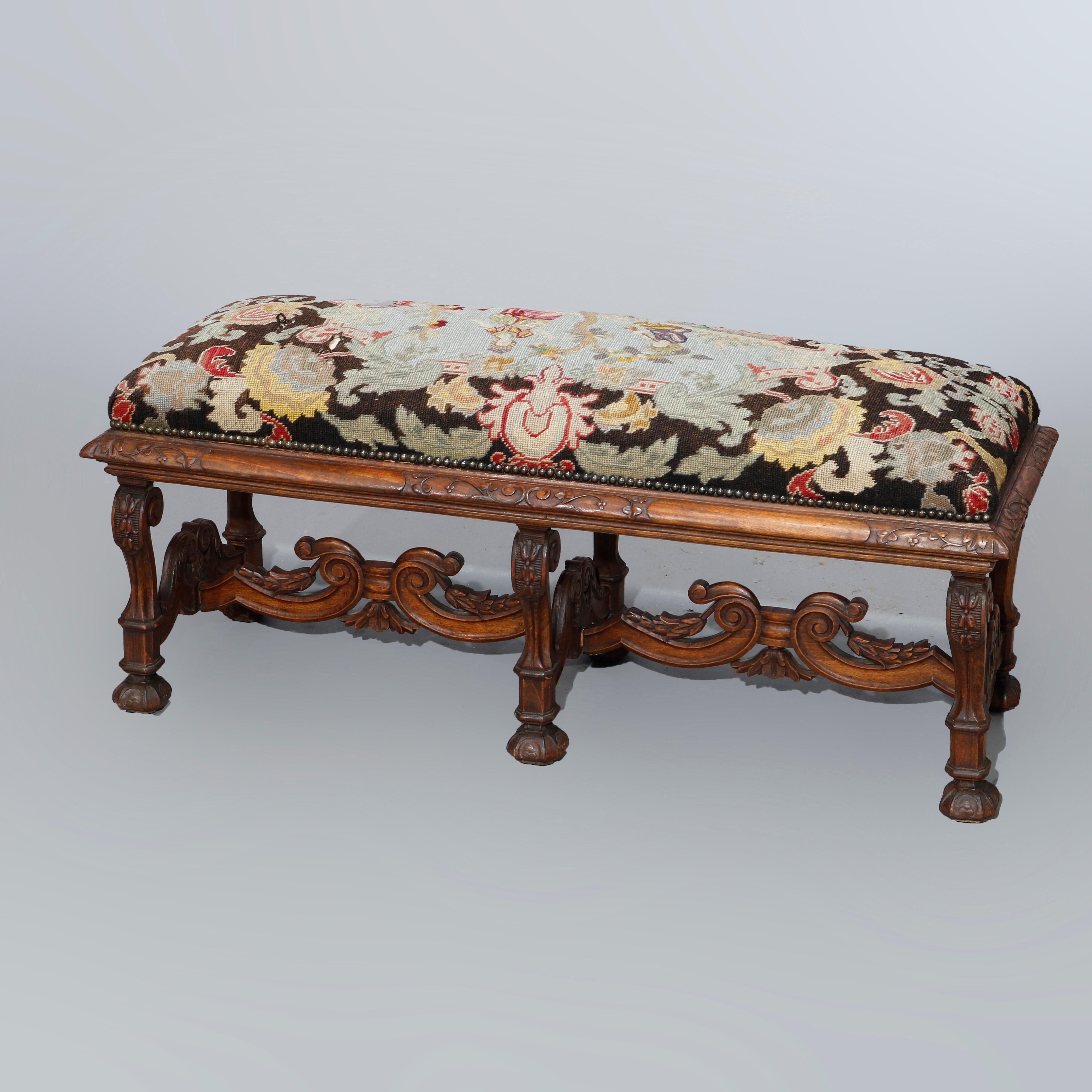 Antique Italian Carved Walnut & Tapestry Bench, Courting Scene, Circa 1890 4
