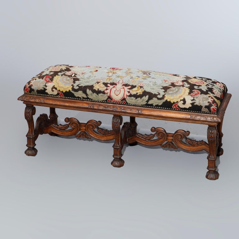 Antique Italian Carved Walnut and Tapestry Bench, Courting Scene, Circa
