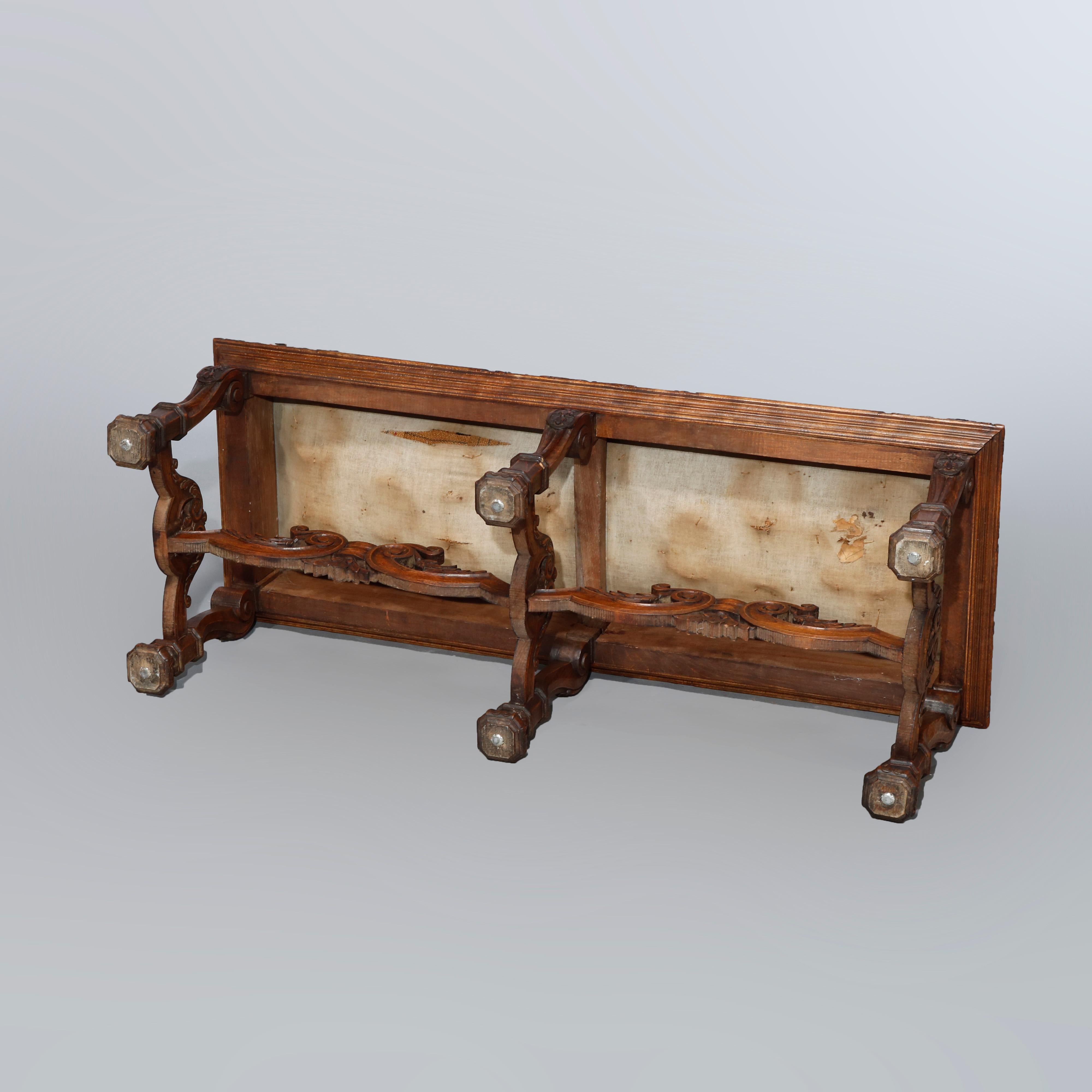 Antique Italian Carved Walnut & Tapestry Bench, Courting Scene, Circa 1890 5