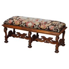 Antique Italian Carved Walnut & Tapestry Bench, Courting Scene, Circa 1890